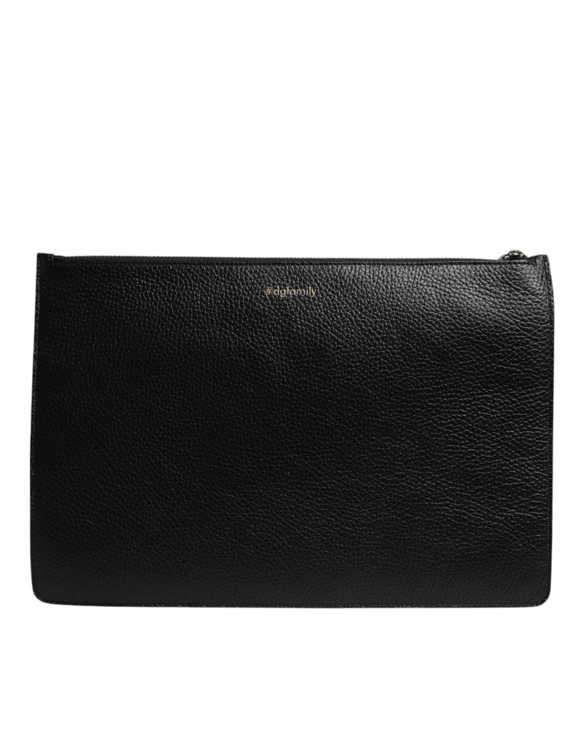 Dolce & Gabbana Black Leather #DGFAMILY Embellished Men Zip Pouch Bag