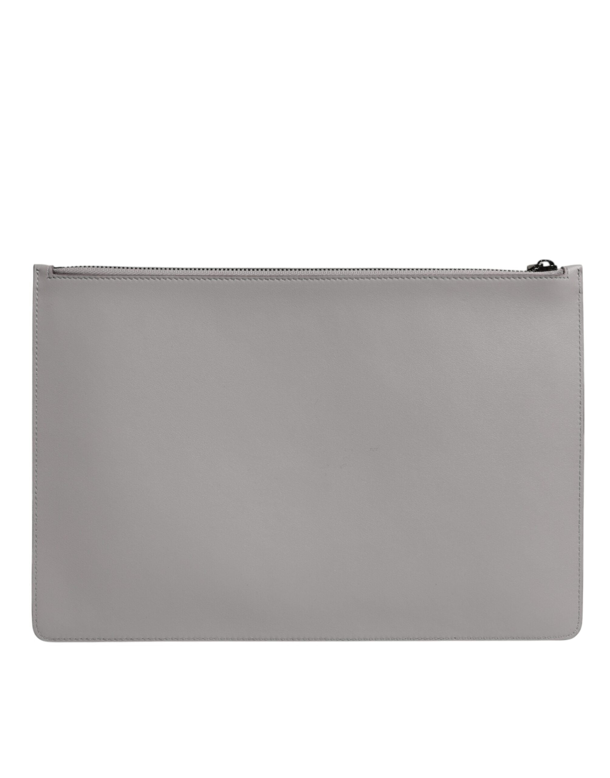Dolce & Gabbana Gray Solid Leather DG Logo Men Clutch Zip Pouch Bag