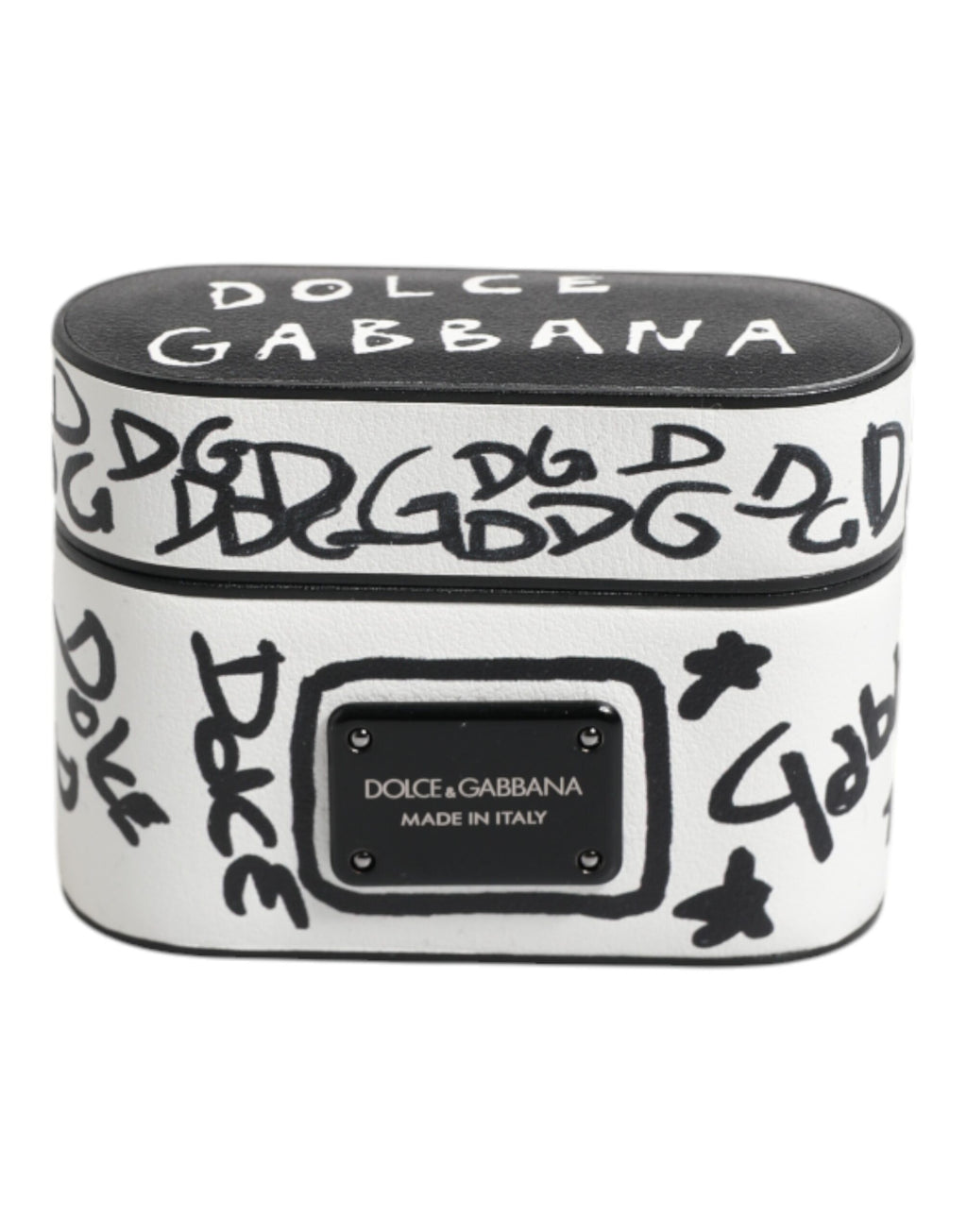Dolce & Gabbana Black White Leather Scribble Embossed Logo Airpods Case
