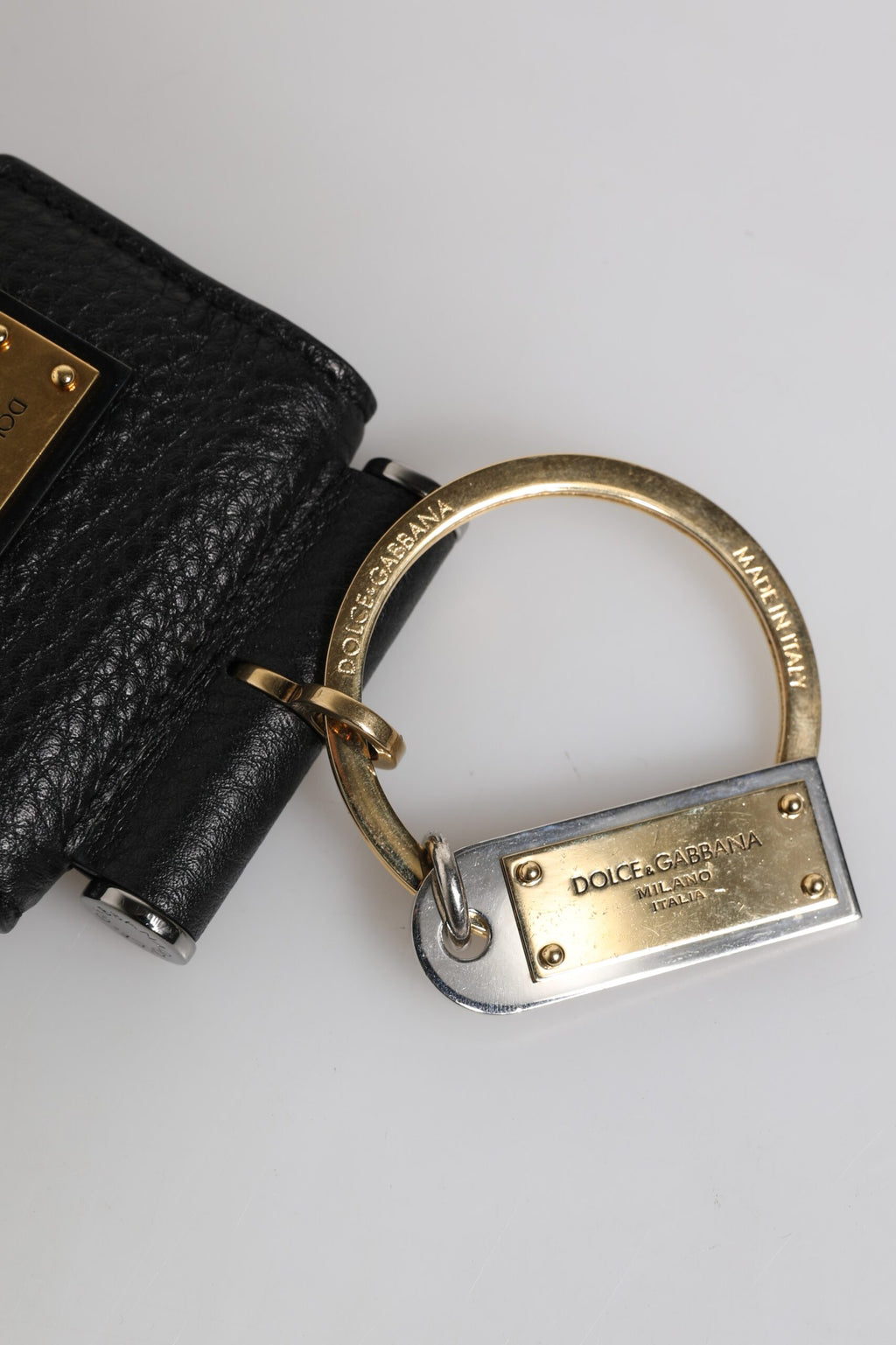 Dolce & Gabbana Black Leather Strap Gold Metal Logo Plaque Airpods Case