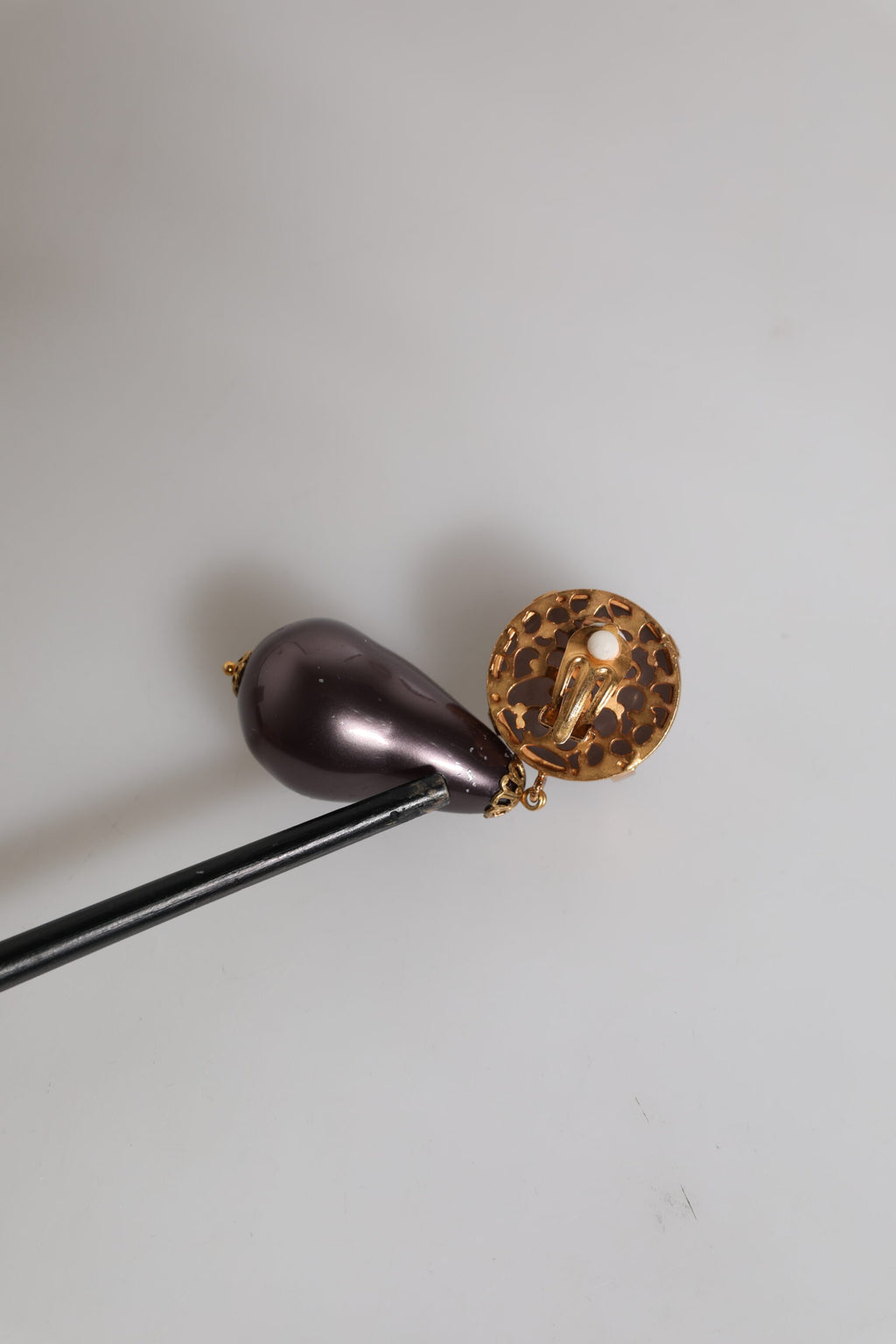 Dolce & Gabbana Gold Brass Black Pearl Clip On Dangling Jewelry Earrings