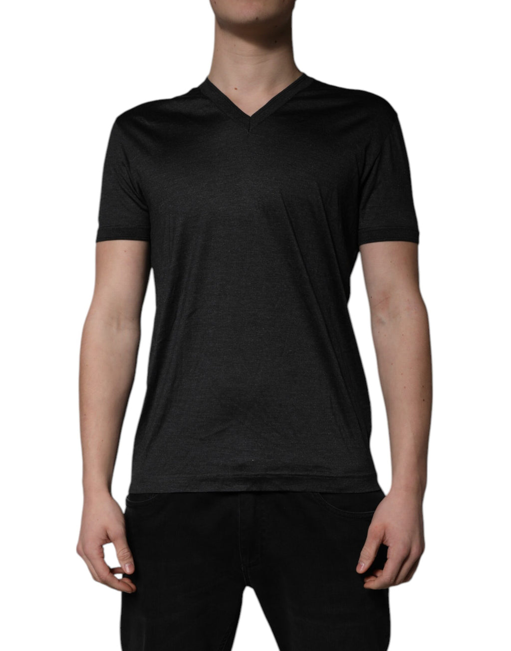 Dolce & Gabbana Dark Gray Silk V-neck Short Sleeves T-shirt