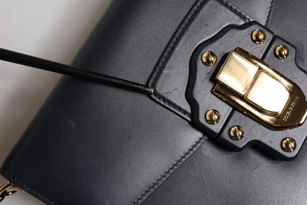 Dolce & Gabbana Black Leather Logo Gold Crossbody Purse Bag