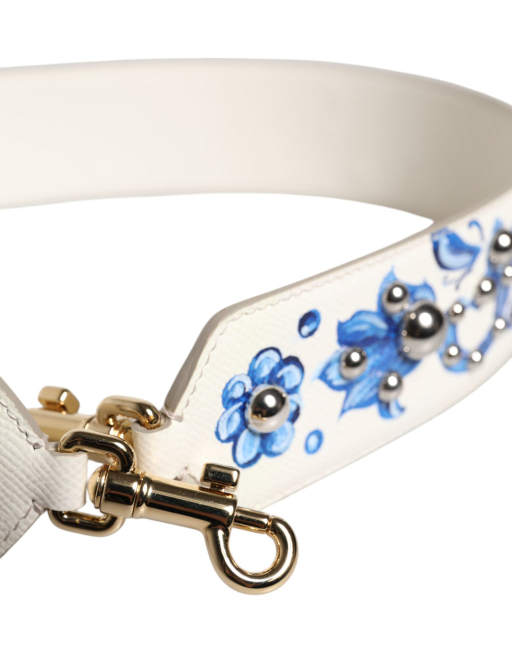 Dolce & Gabbana White Blue Floral Leather Stud Shoulder Strap