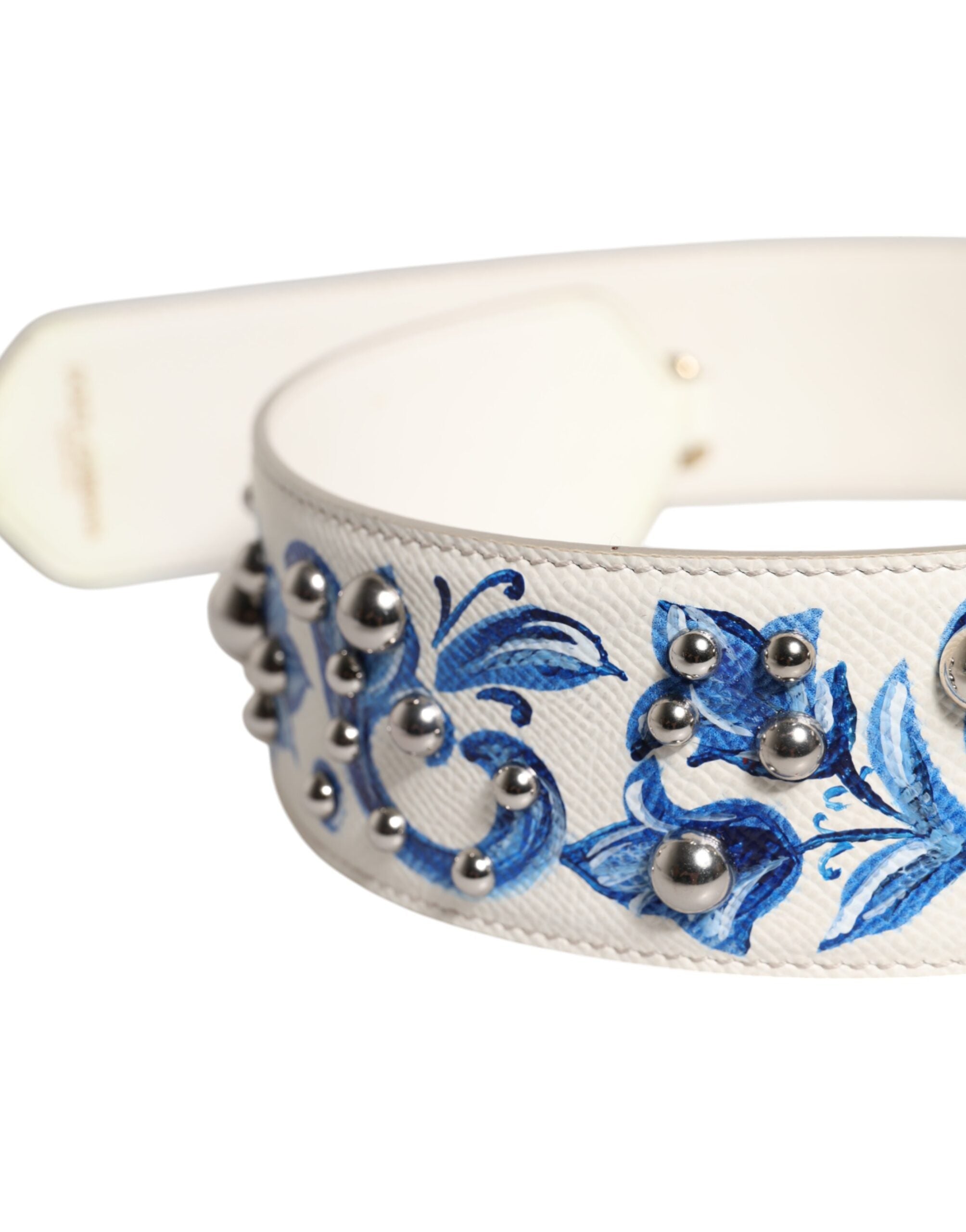 Dolce & Gabbana White Blue Floral Leather Stud Shoulder Strap
