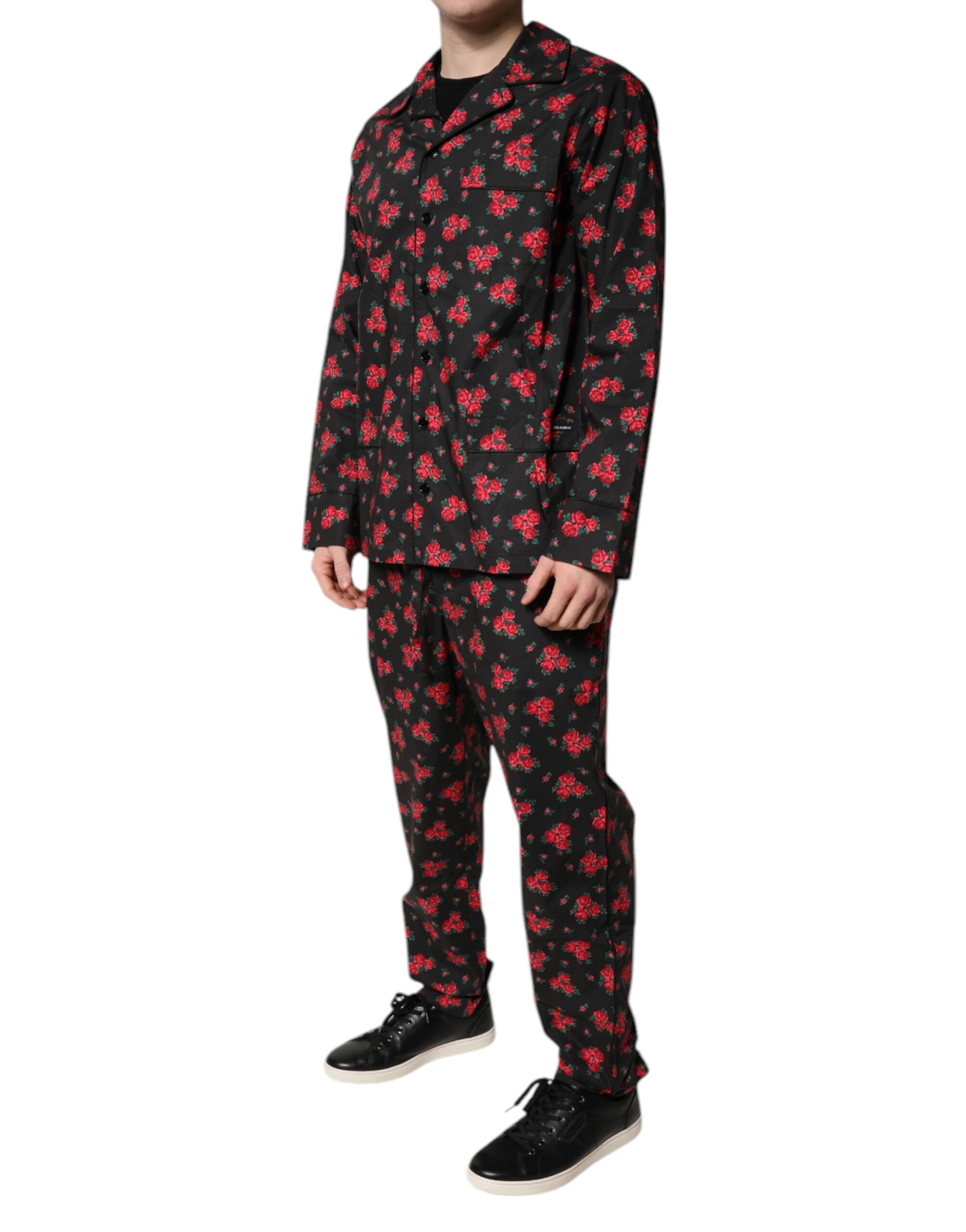 Dolce & Gabbana Black Floral Print Cotton Men Pajama Set Sleepwear