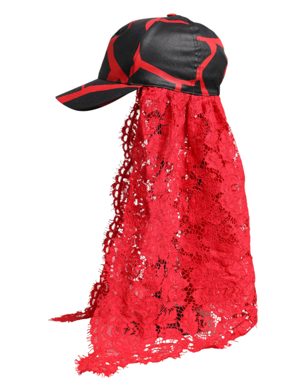 Dolce & Gabbana Red Black Lace Tulle Cotton Baseball Cap