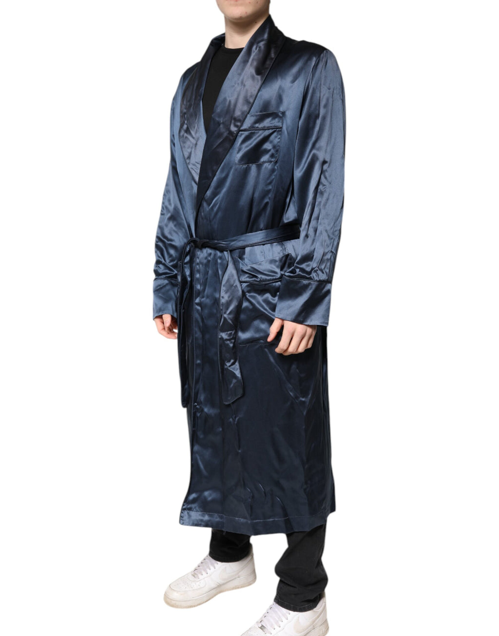 Dolce & Gabbana Blue Solid Silk Men Wrap Robe Coat Jacket