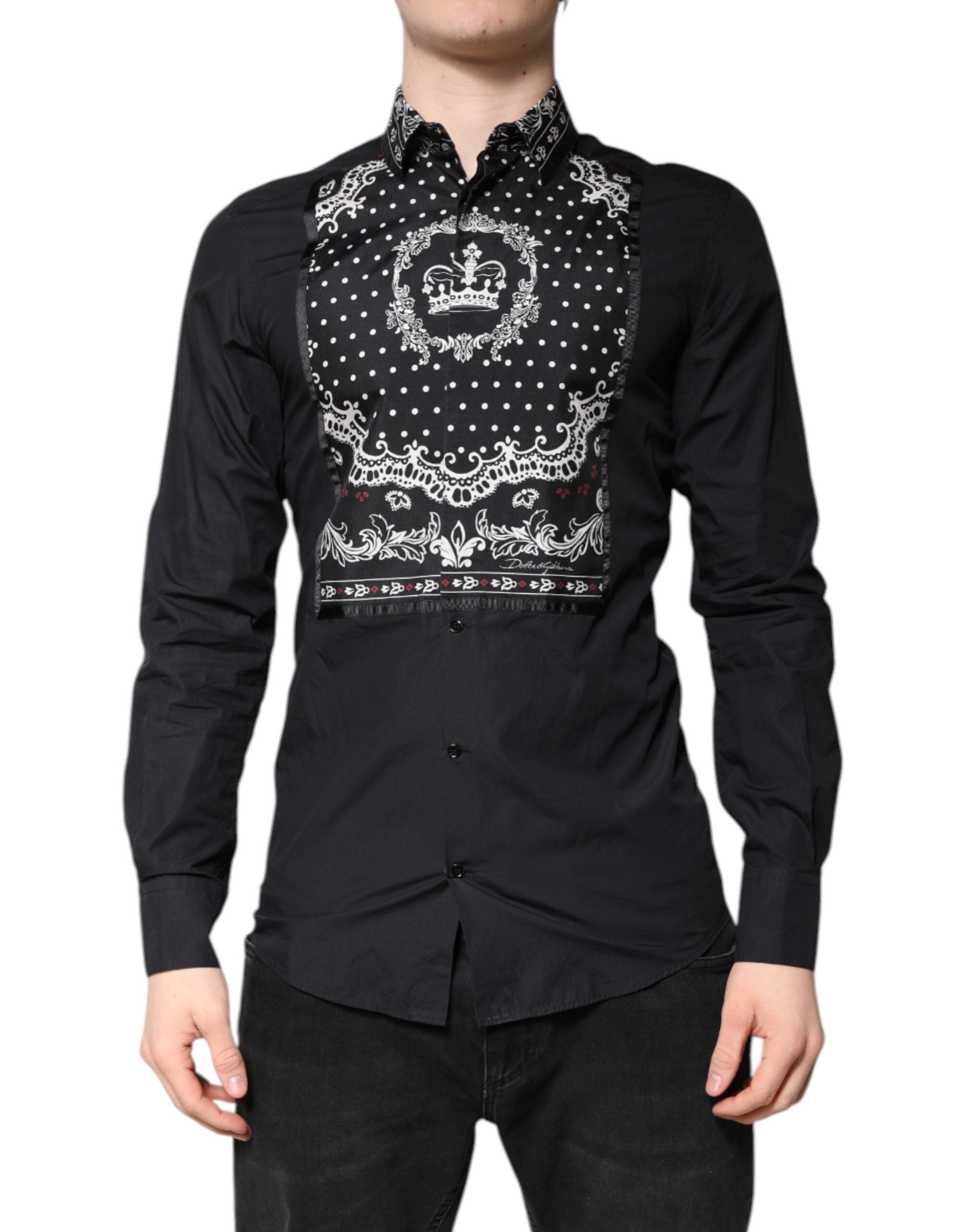 Camisa de vestir formal Dolce & Gabbana negra y blanca con estampado de pañuelo en dorado