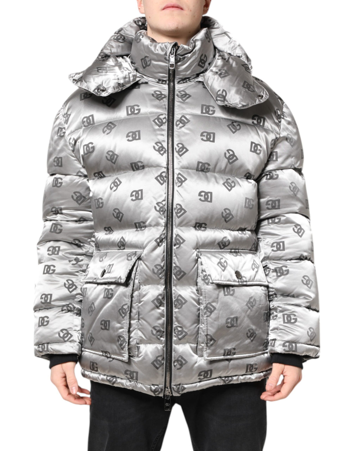 Dolce & Gabbana Silver Logo Full Zip Hooded Quilted Jacket