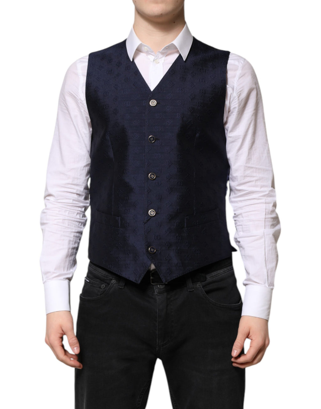 Dolce & Gabbana Dark Blue Logo Wool Formal Men Waistcoat Vest