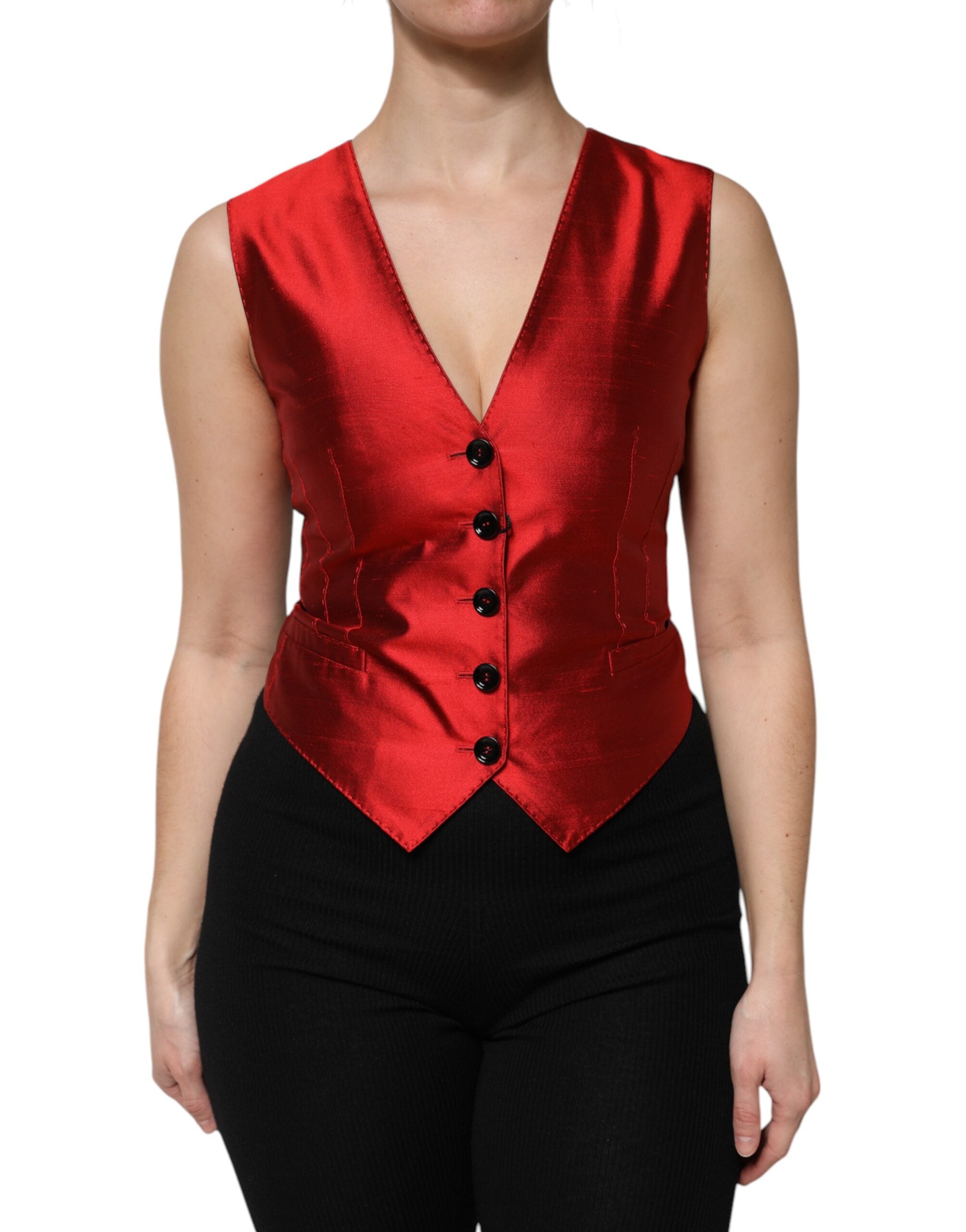 Dolce & Gabbana Red Black Button Down Sleeveless Vest Top
