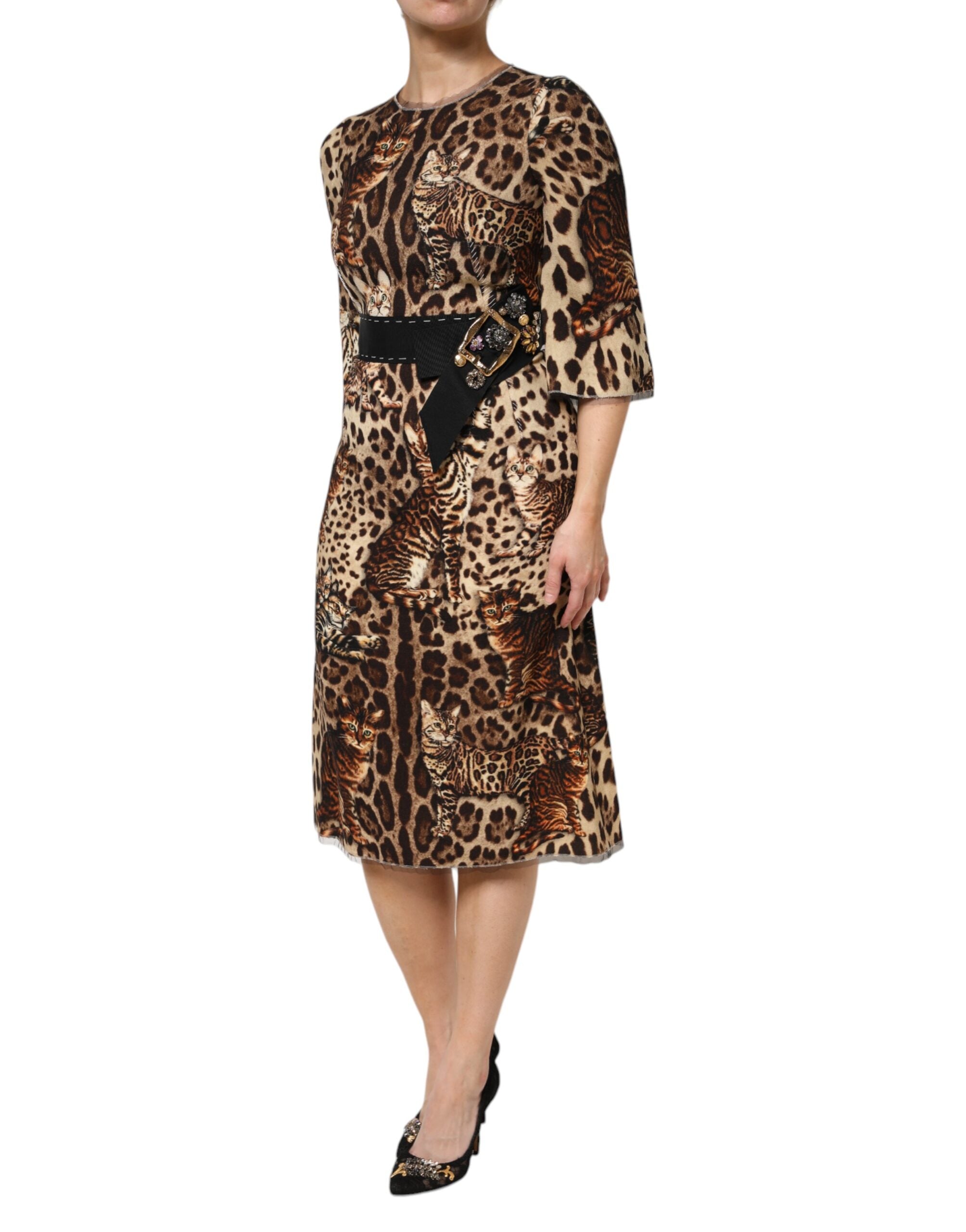 Vestido midi acampanado con cinturón y estampado de leopardo marrón de Dolce & Gabbana