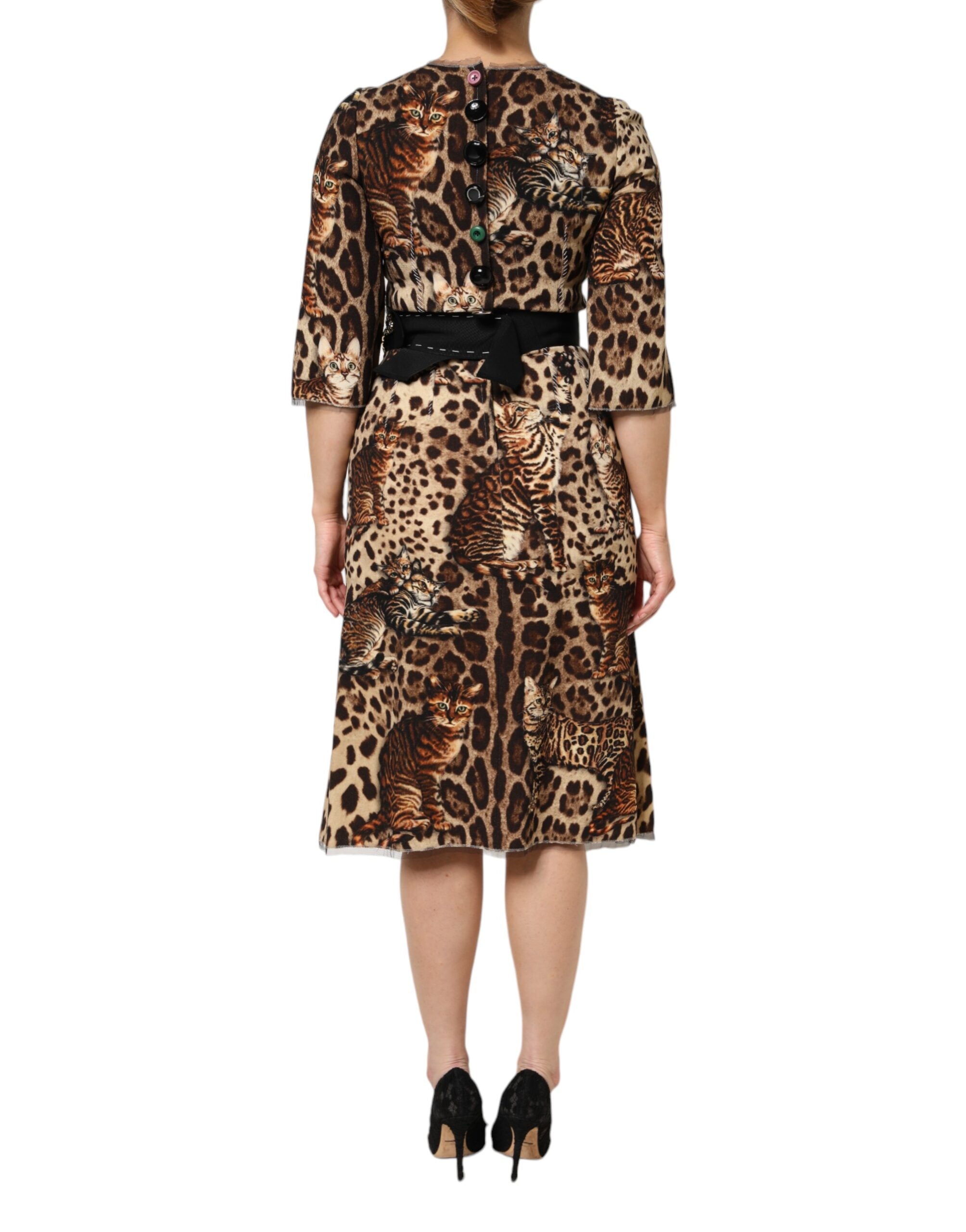 Vestido midi acampanado con cinturón y estampado de leopardo marrón de Dolce & Gabbana