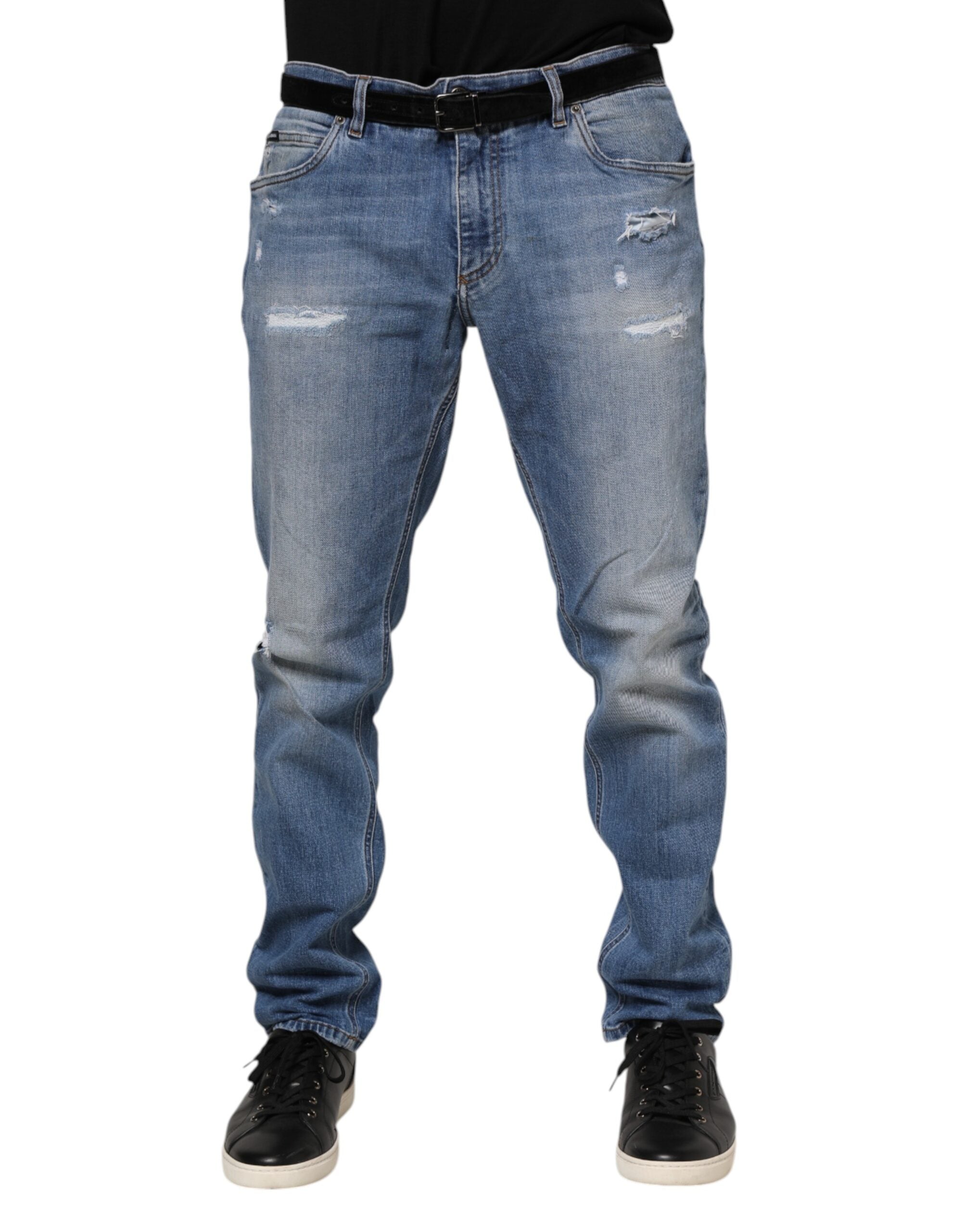 Dolce & Gabbana Blue Washed Tattered Logo Plaque Denim Jeans
