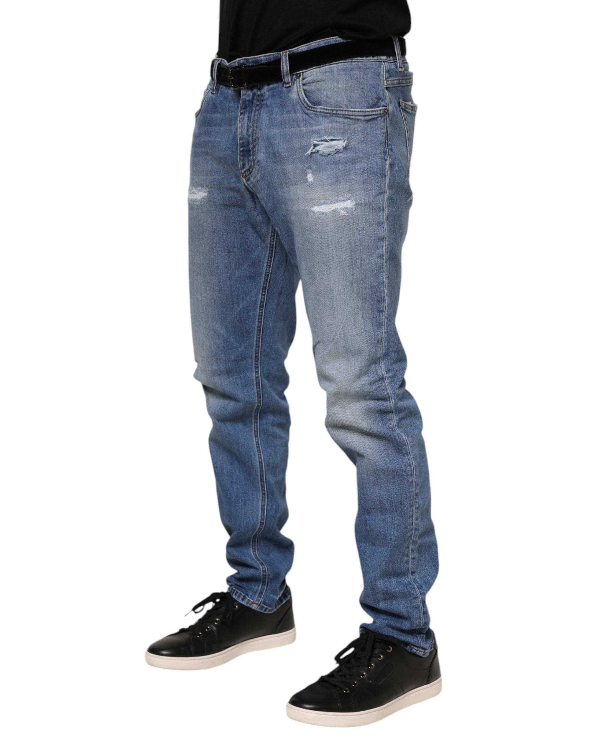 Dolce & Gabbana Blue Washed Tattered Logo Plaque Denim Jeans