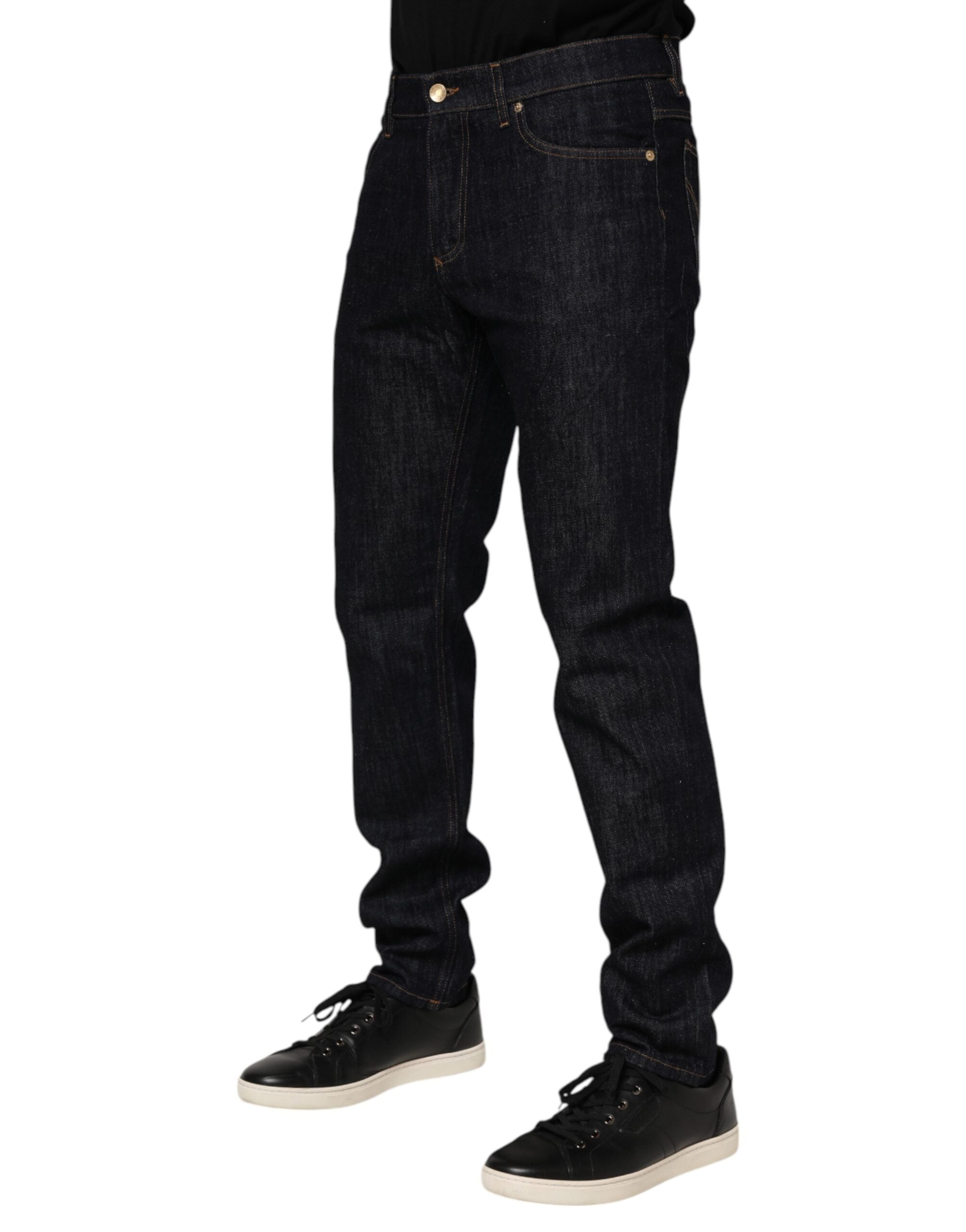 Dolce & Gabbana Dark Blue Cotton Logo Plaque Men Denim Jeans