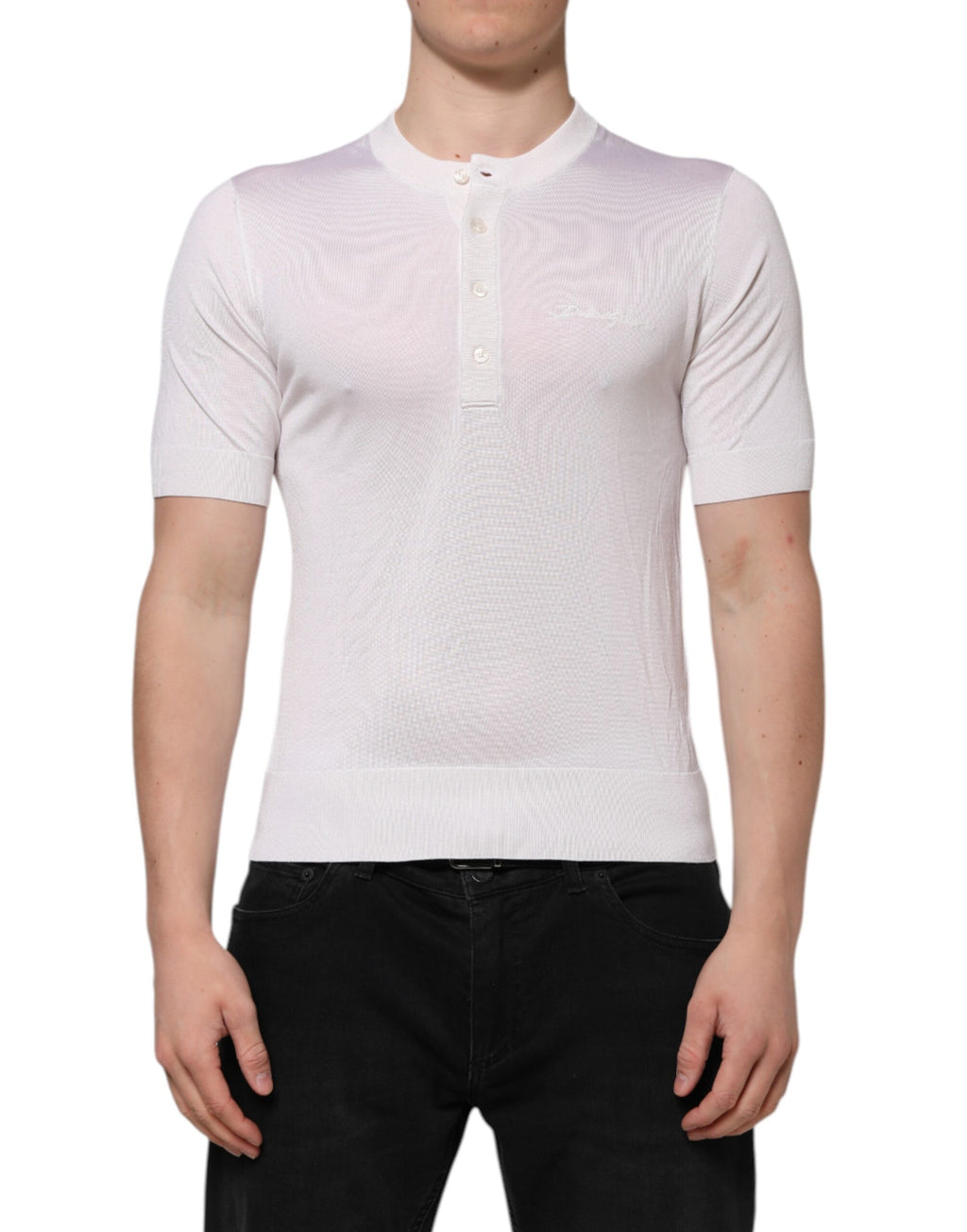 Dolce & Gabbana White Silk Short Sleeves Men Henley T-shirt