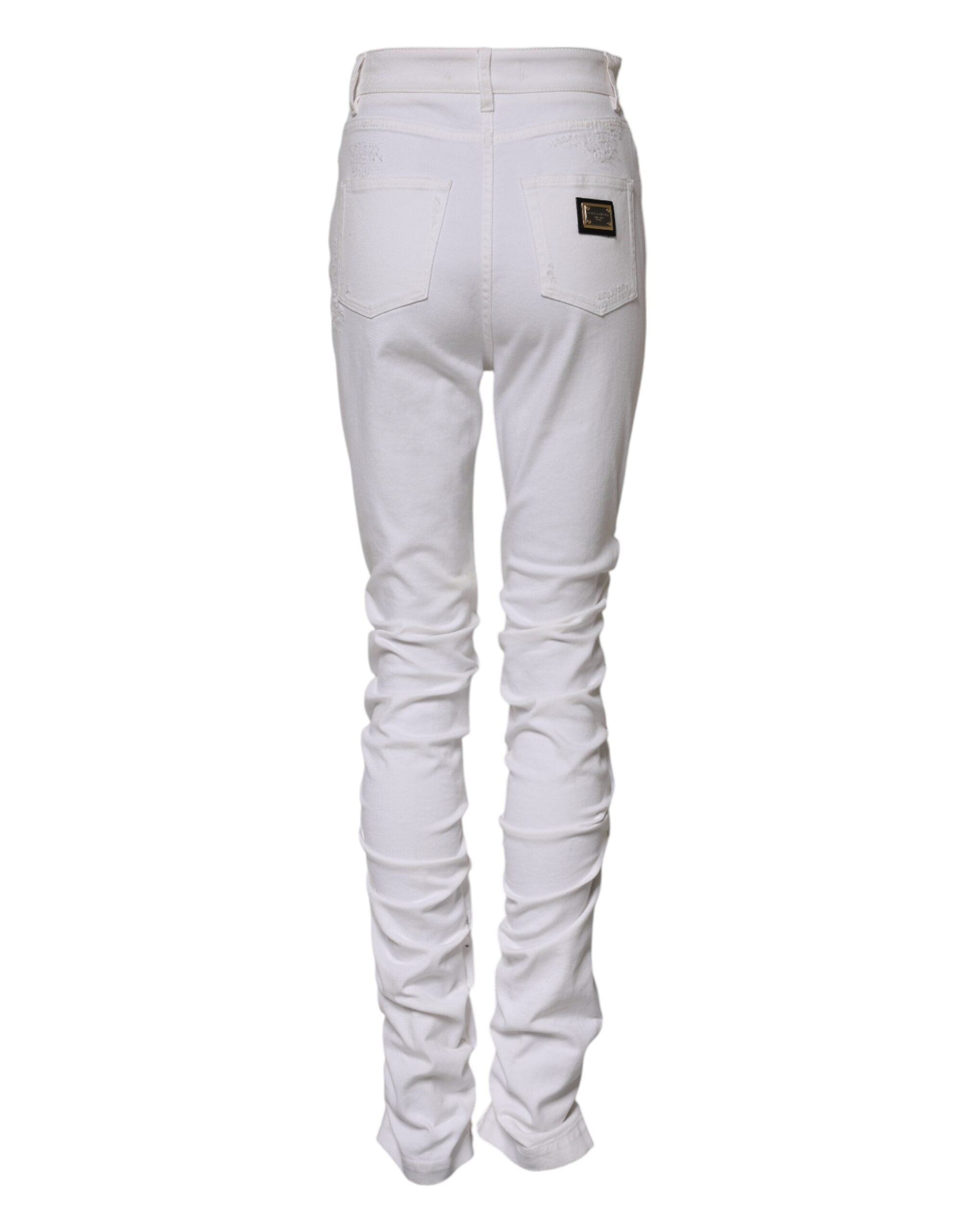 Dolce & Gabbana White Tattered Cotton High Waist Denim Jeans