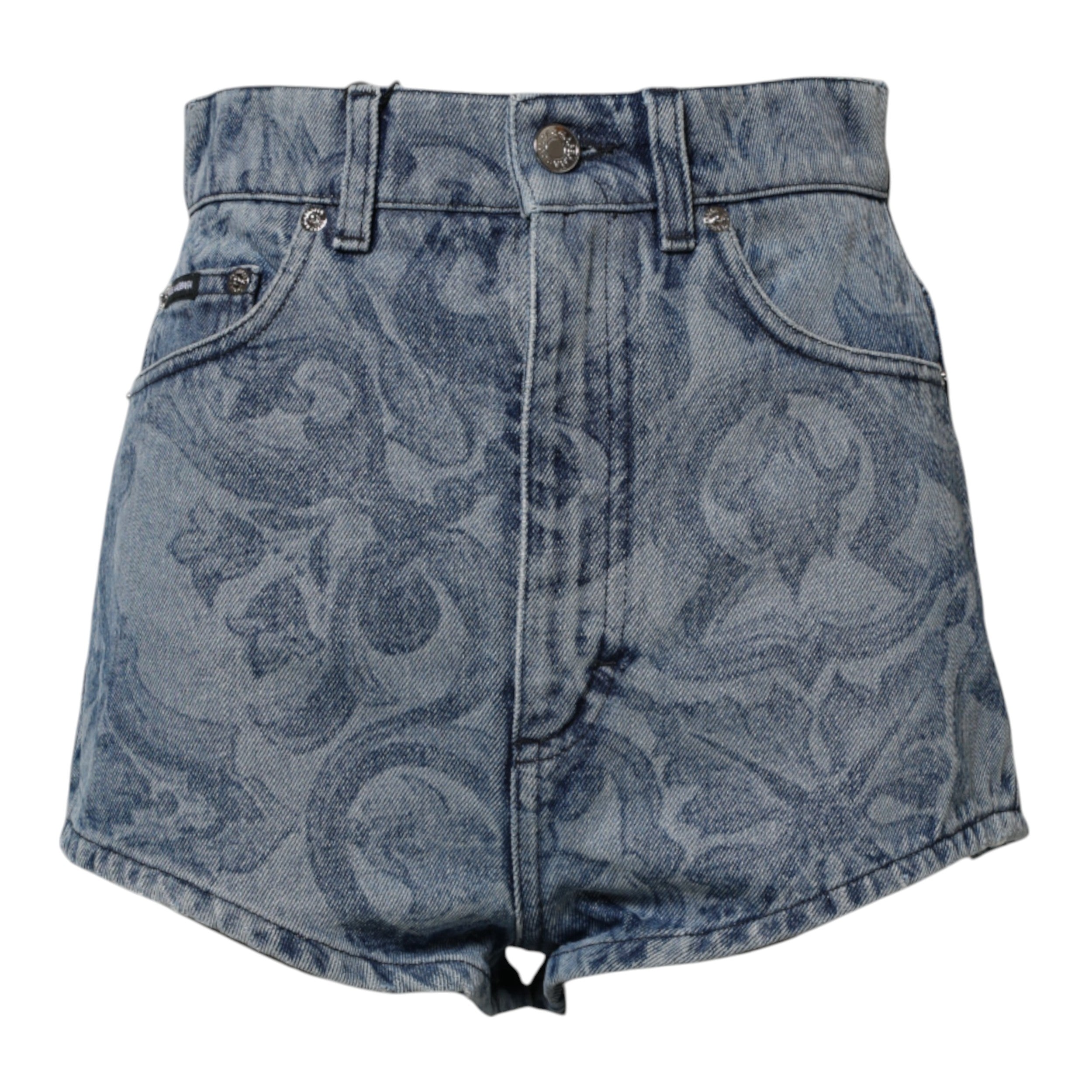 Dolce & Gabbana Blue Floral Print Denim Cotton Hot Pants Shorts