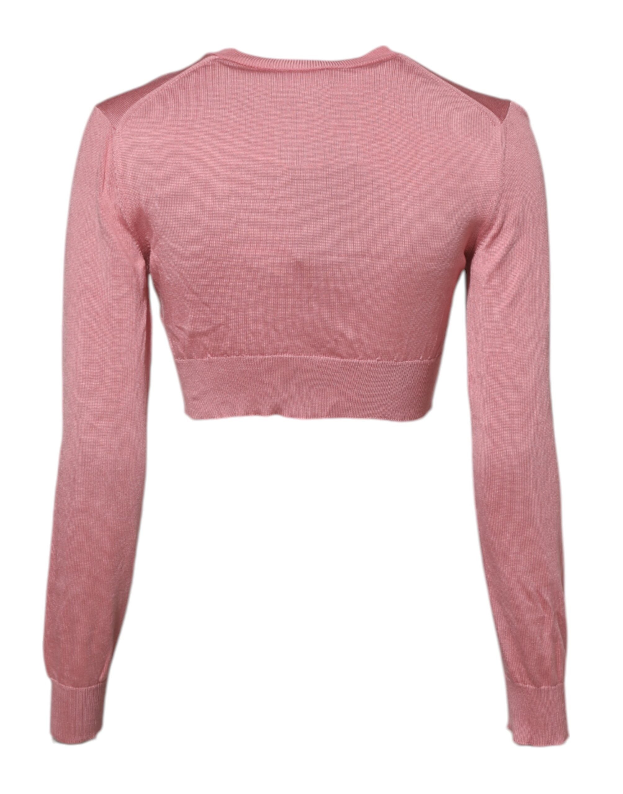 Dolce & Gabbana Pink Silk Cropped Crew Neck Cardigan Sweater