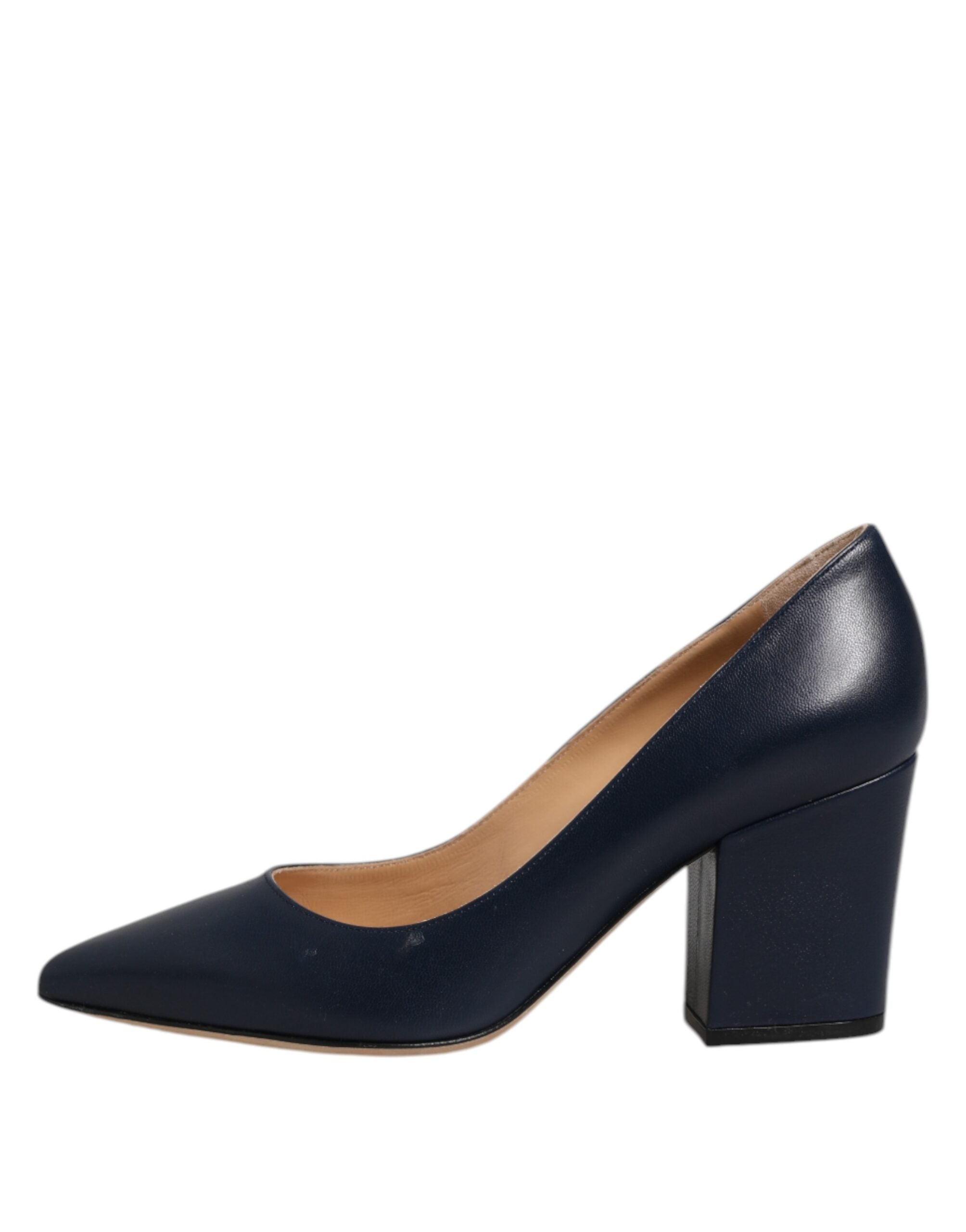 Sergio Rossi Blue Leather Pointed Toe Block Heels Shoes