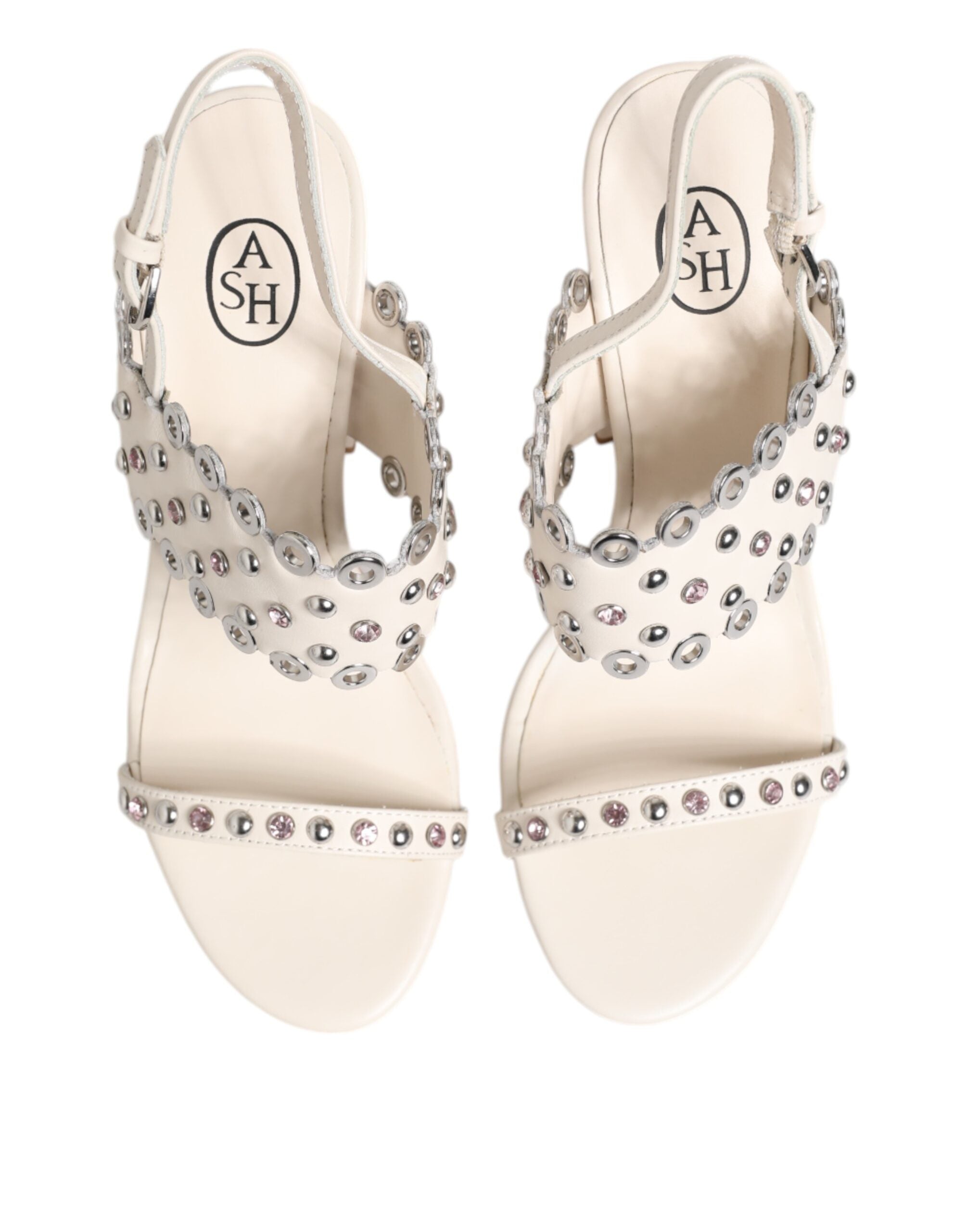 ASH White Block Heeled Studded Quarter Strap Sandals Shoes