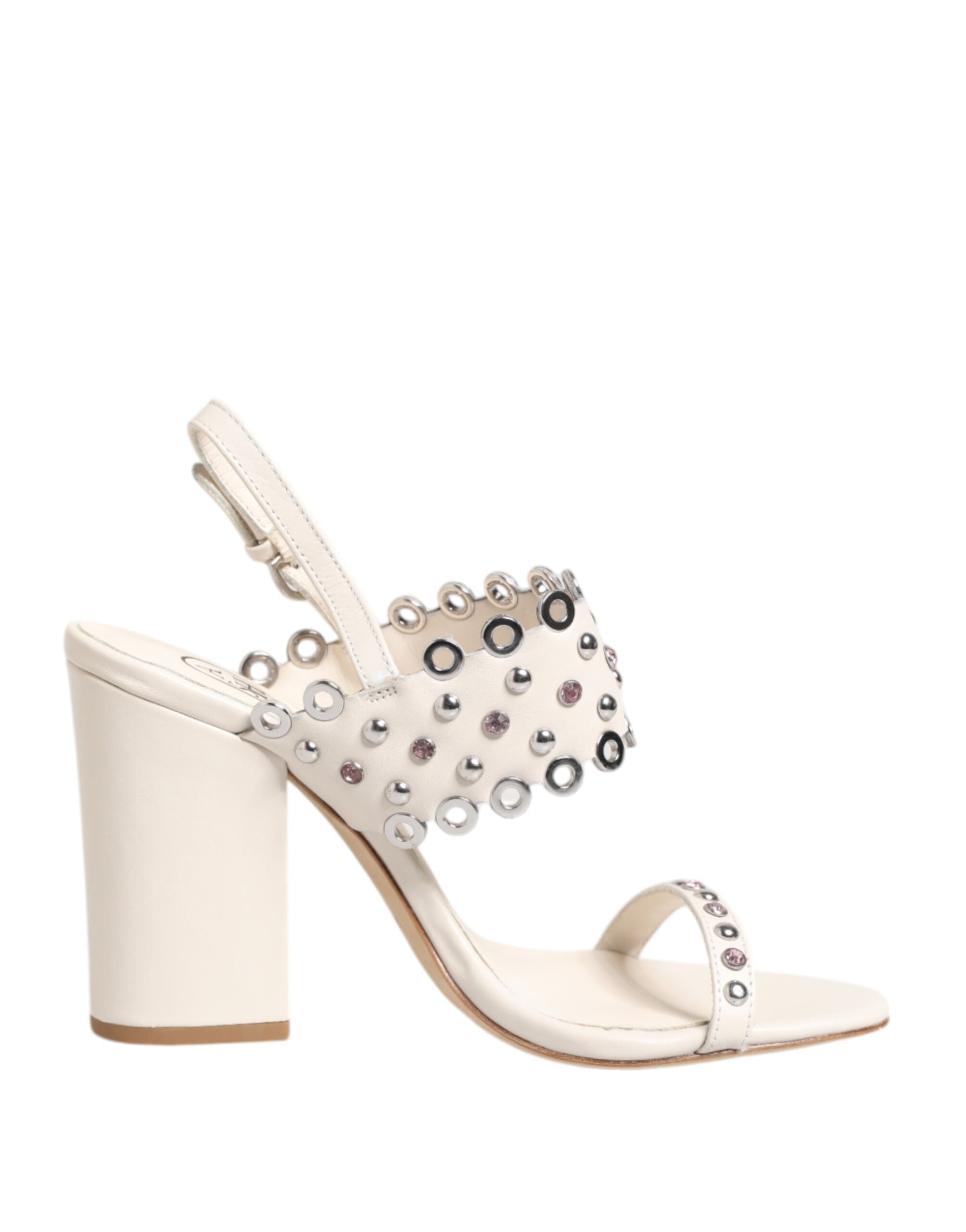 ASH White Block Heeled Studded Quarter Strap Sandals Shoes