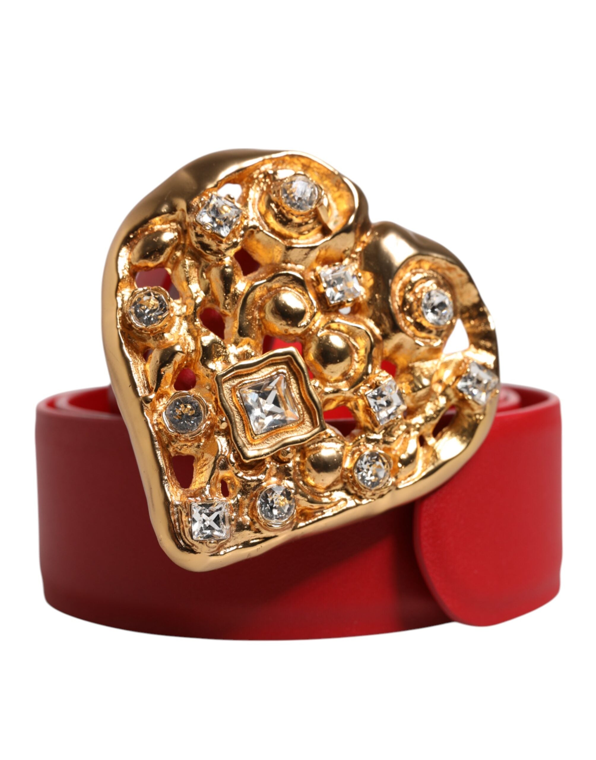 Dolce & Gabbana Red Calf Leather Embellished Metal Buckle Belt