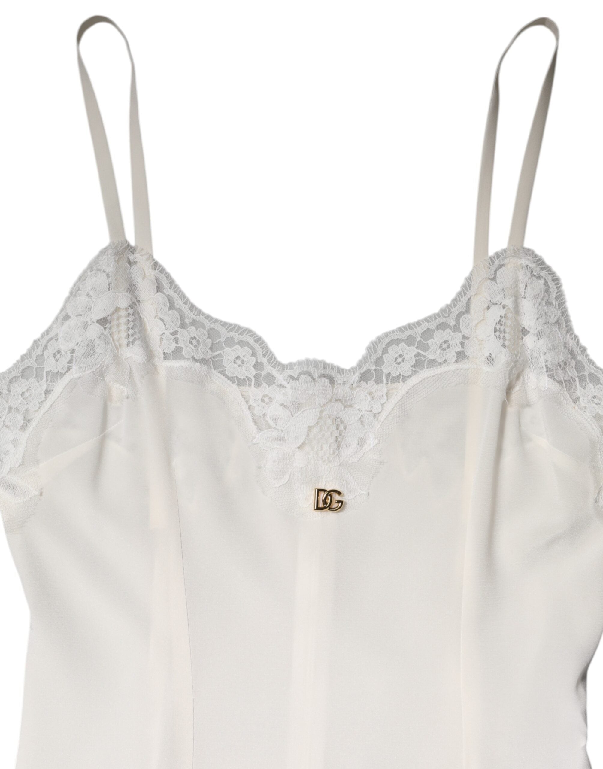 Dolce & Gabbana White Lace Gold DG Logo Silk Dress Sleepwear