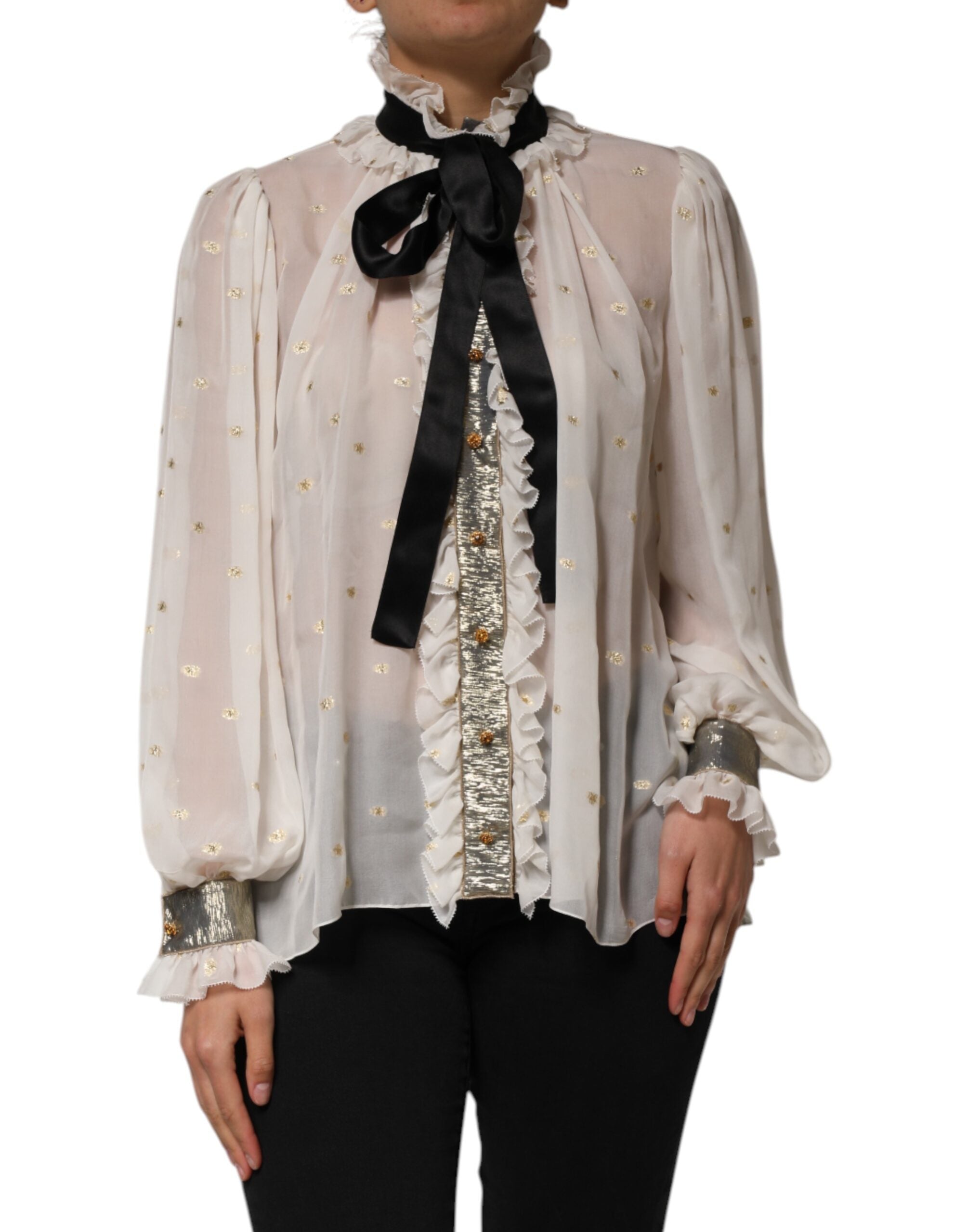 Dolce & Gabbana White Black Silk Long Sleeve Ascot Collar Top