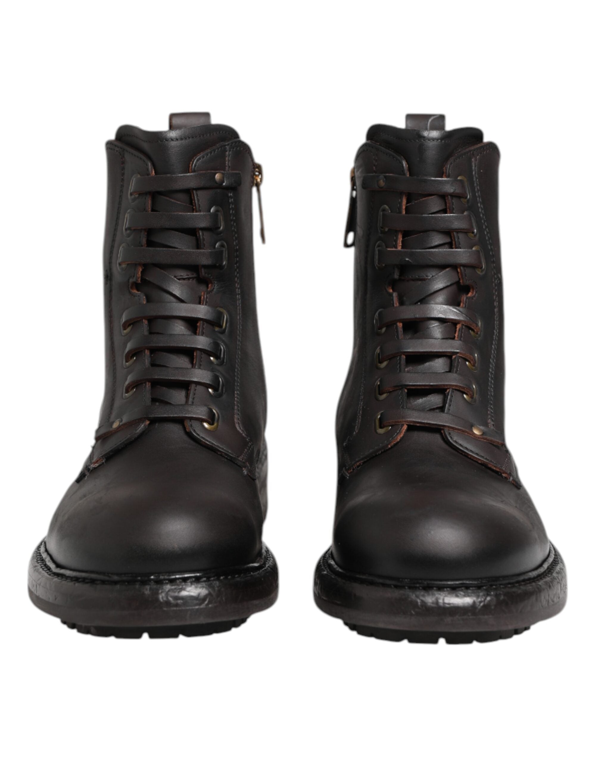 Dolce & Gabbana Dark Brown Leather Lace Up Mid Calf Boots Shoes