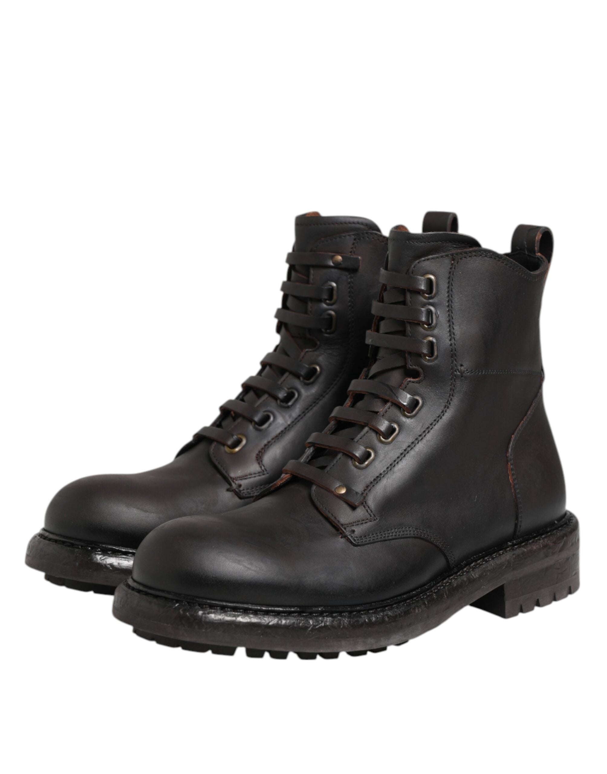 Dolce & Gabbana Dark Brown Leather Lace Up Mid Calf Boots Shoes