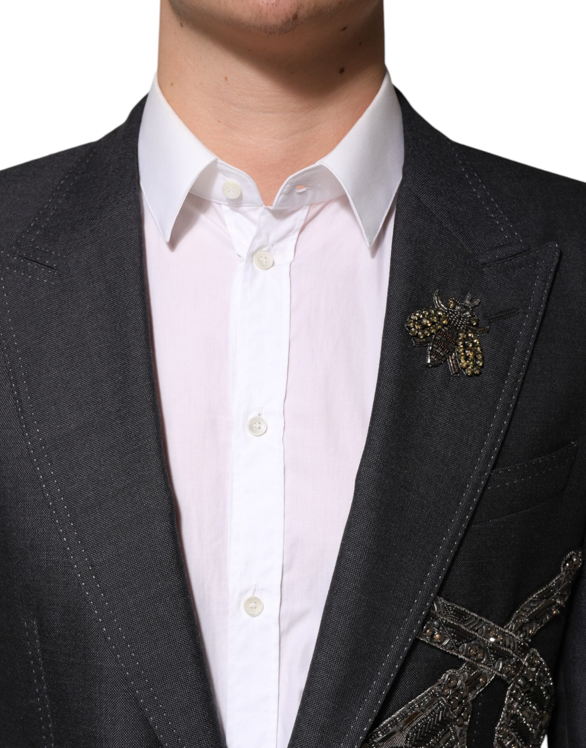 Dolce & Gabbana Dark Gray Bee Embroidery Wool Coat Blazer