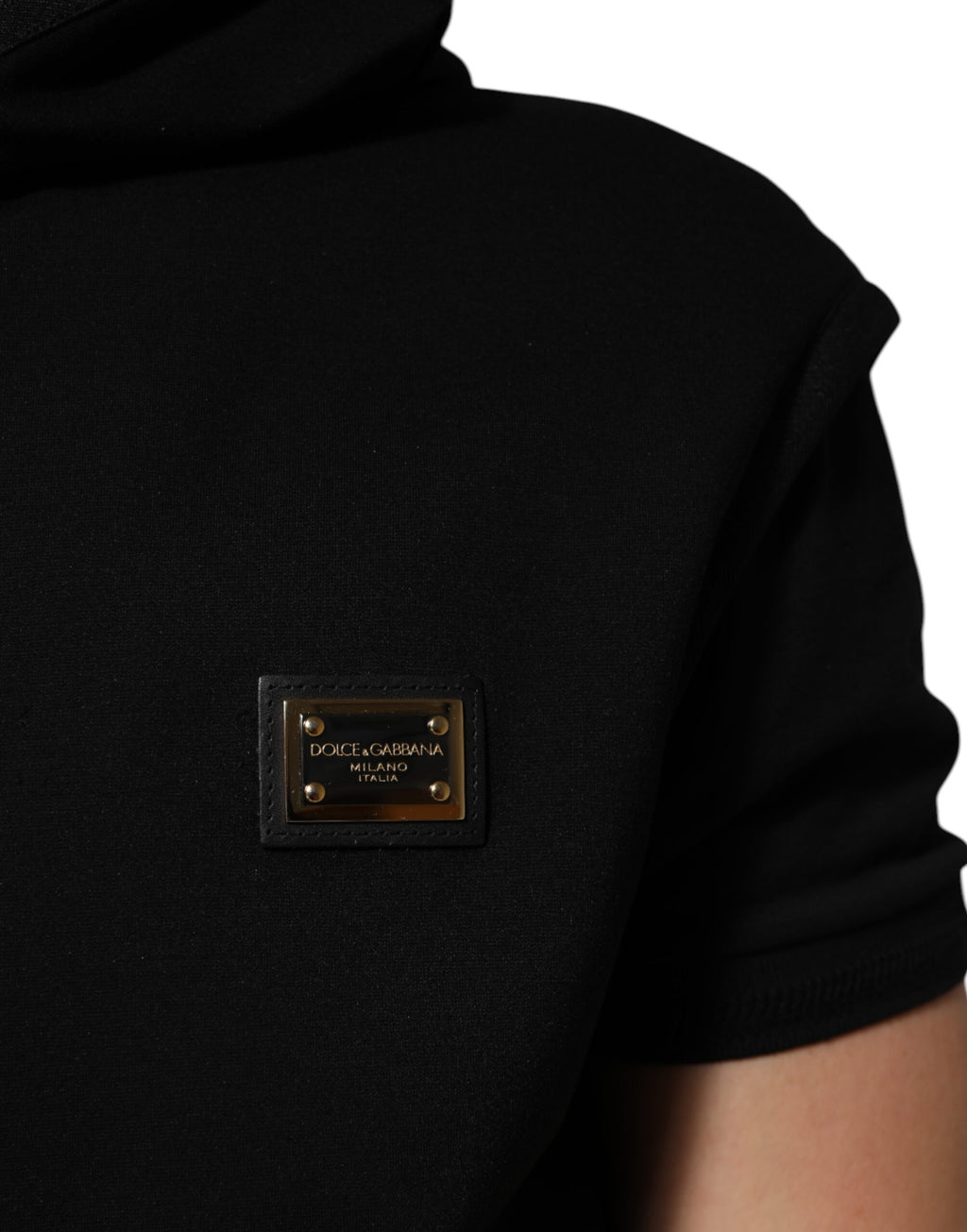 Dolce & Gabbana Black Sleeveless Hooded Logo Plaque Jacket