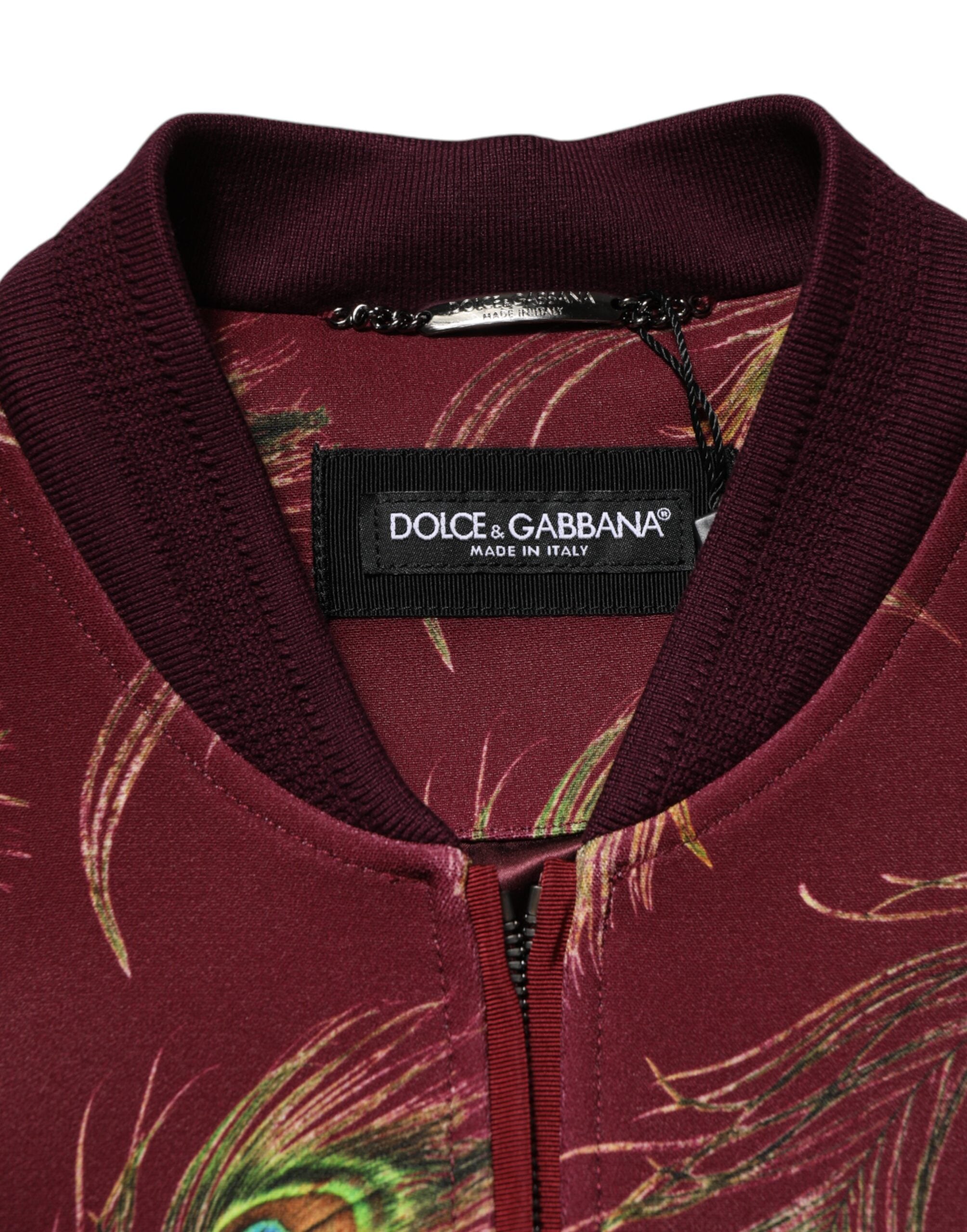 Chaqueta Bomber Dolce & Gabbana con Estampado de Plumas de Pavo Real Granate