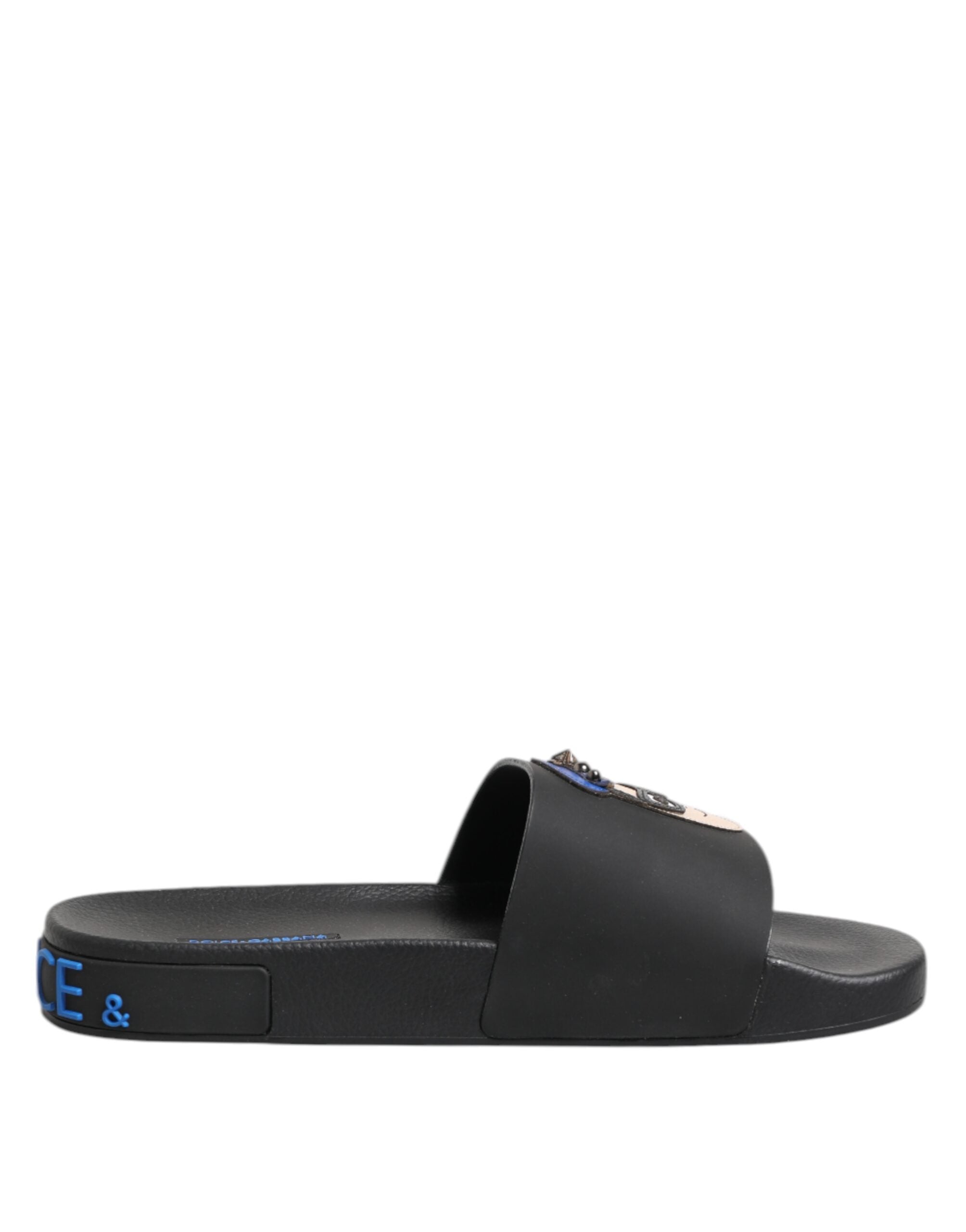 Dolce & Gabbana Black Leather Slides Flats Beachwear Shoes