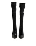 Dolce & Gabbana Black Leather Ribbed Knit Knee Boots Shoes