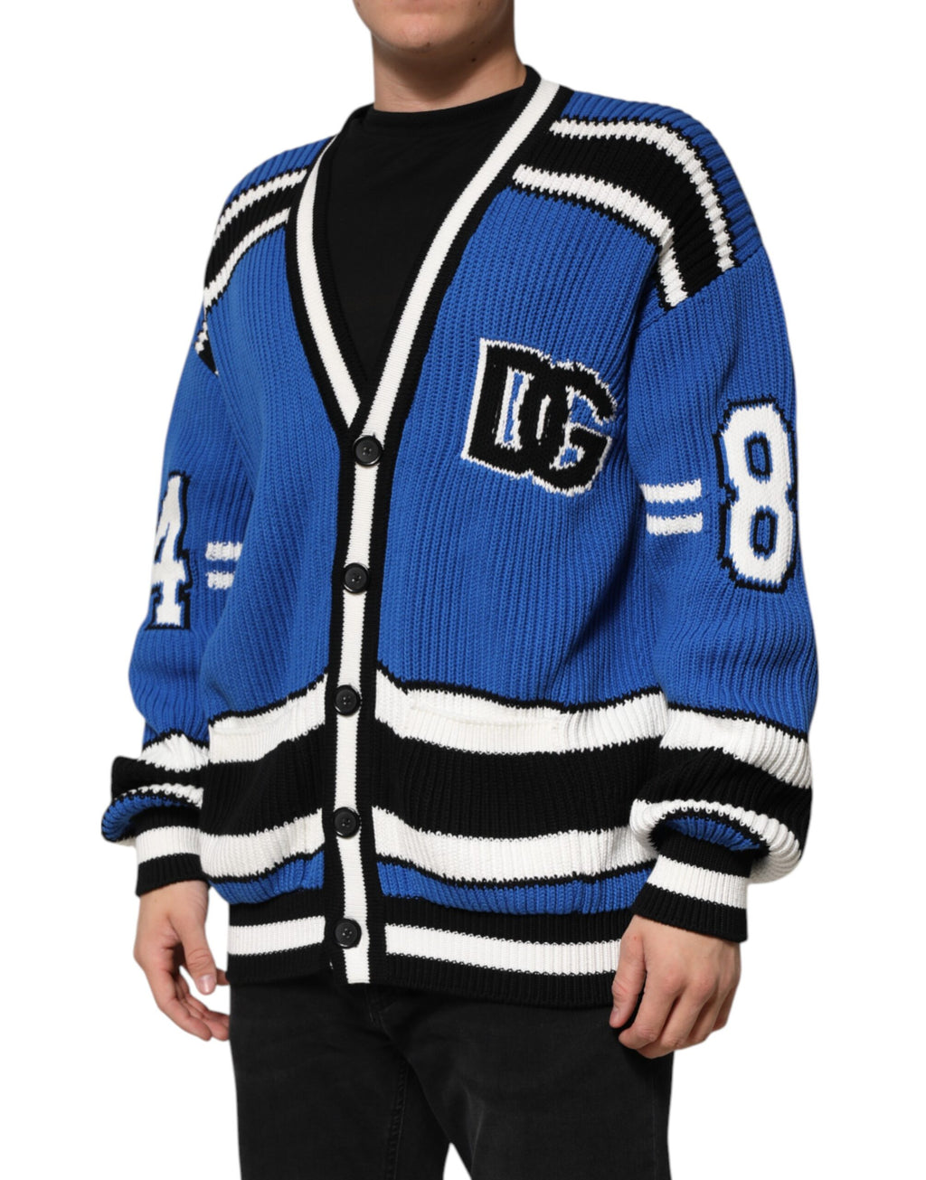 Dolce & Gabbana Blue Cotton Logo Patch Ribbed Knit Cardigan Sweater