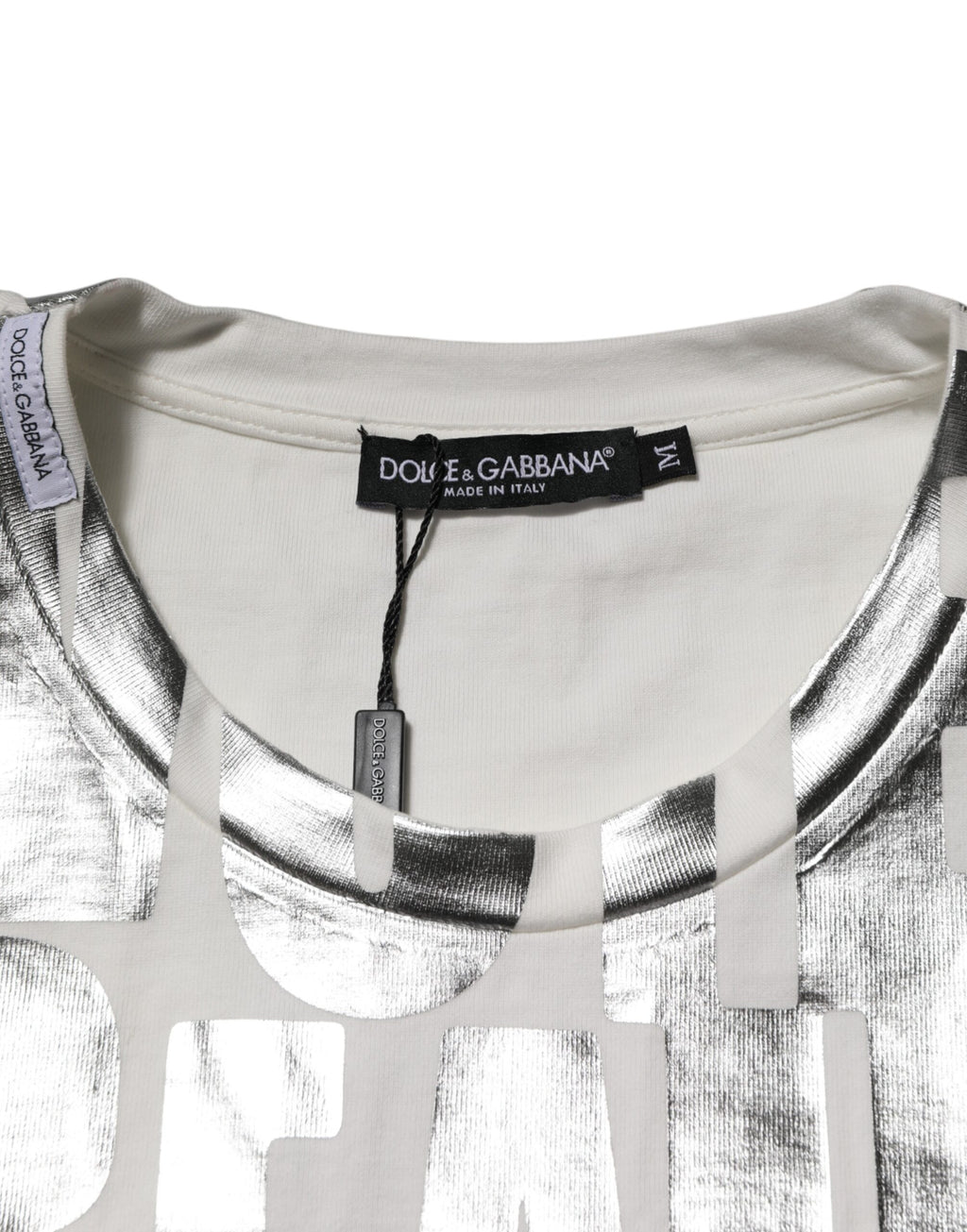 Dolce & Gabbana White Cotton Silver Metallic Slogan Print T-shirt
