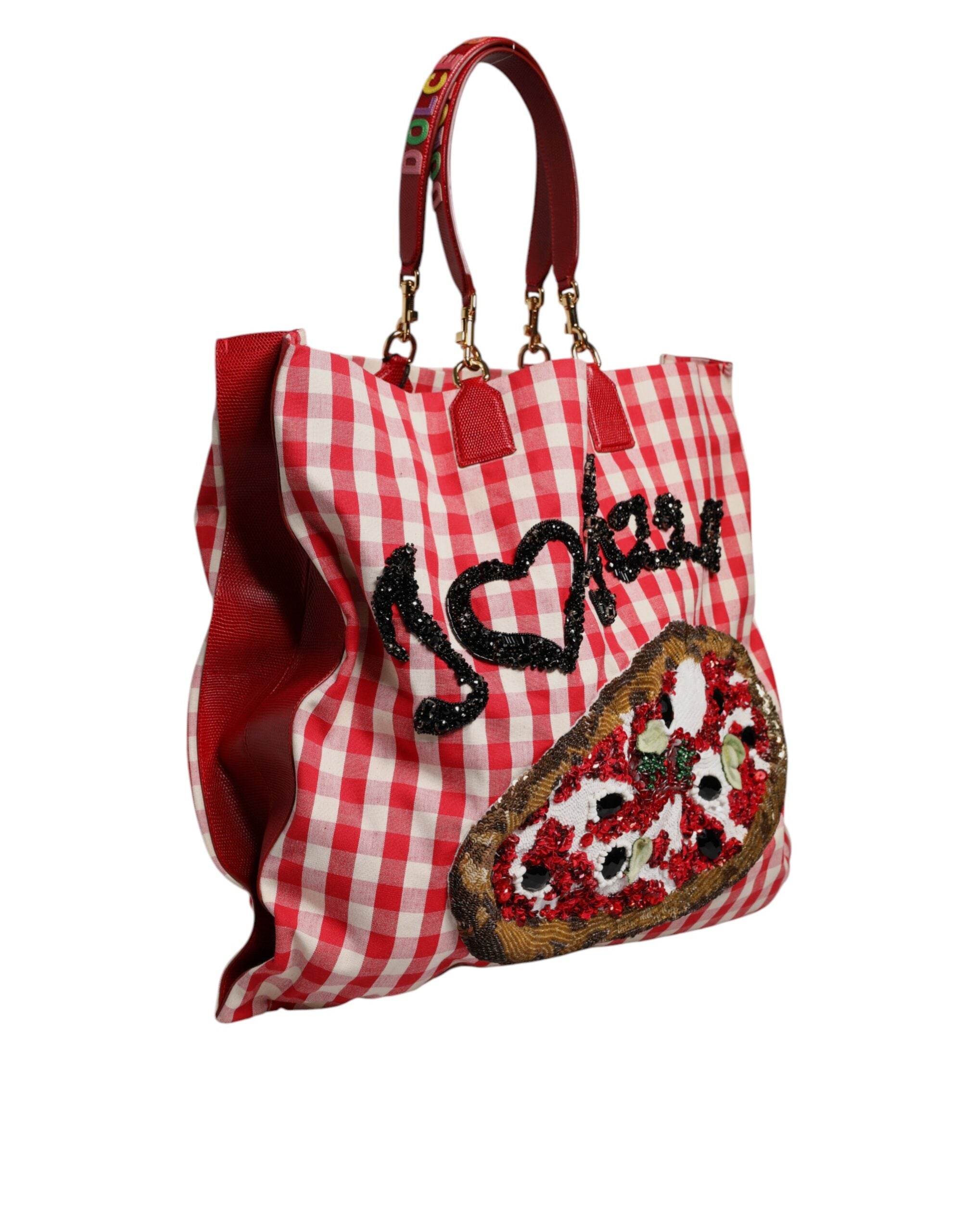 Dolce & Gabbana Red I Love Pizza Rhinestone Embellished Tote Bag