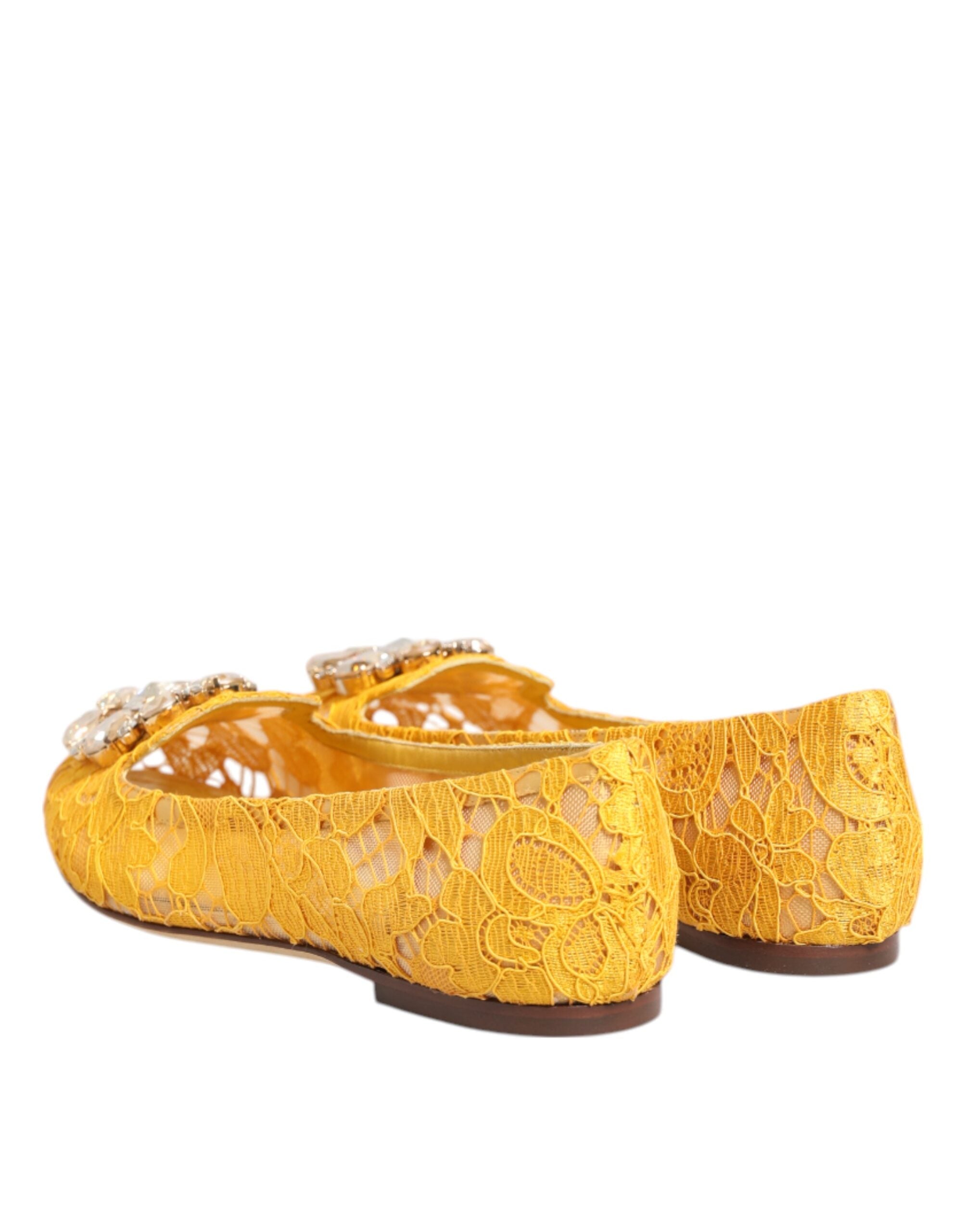 Dolce & Gabbana Yellow Taormina Lace Crystals Flats Shoes