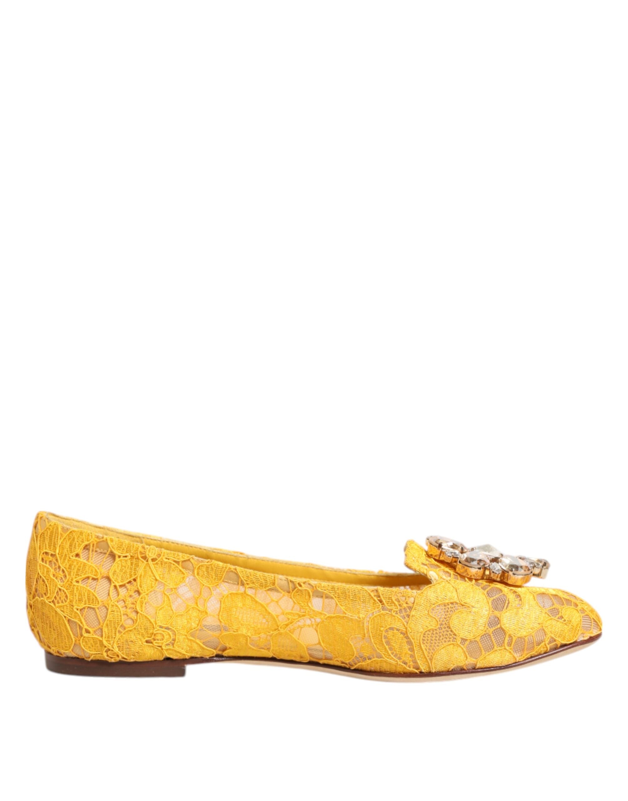 Dolce & Gabbana Yellow Taormina Lace Crystals Flats Shoes
