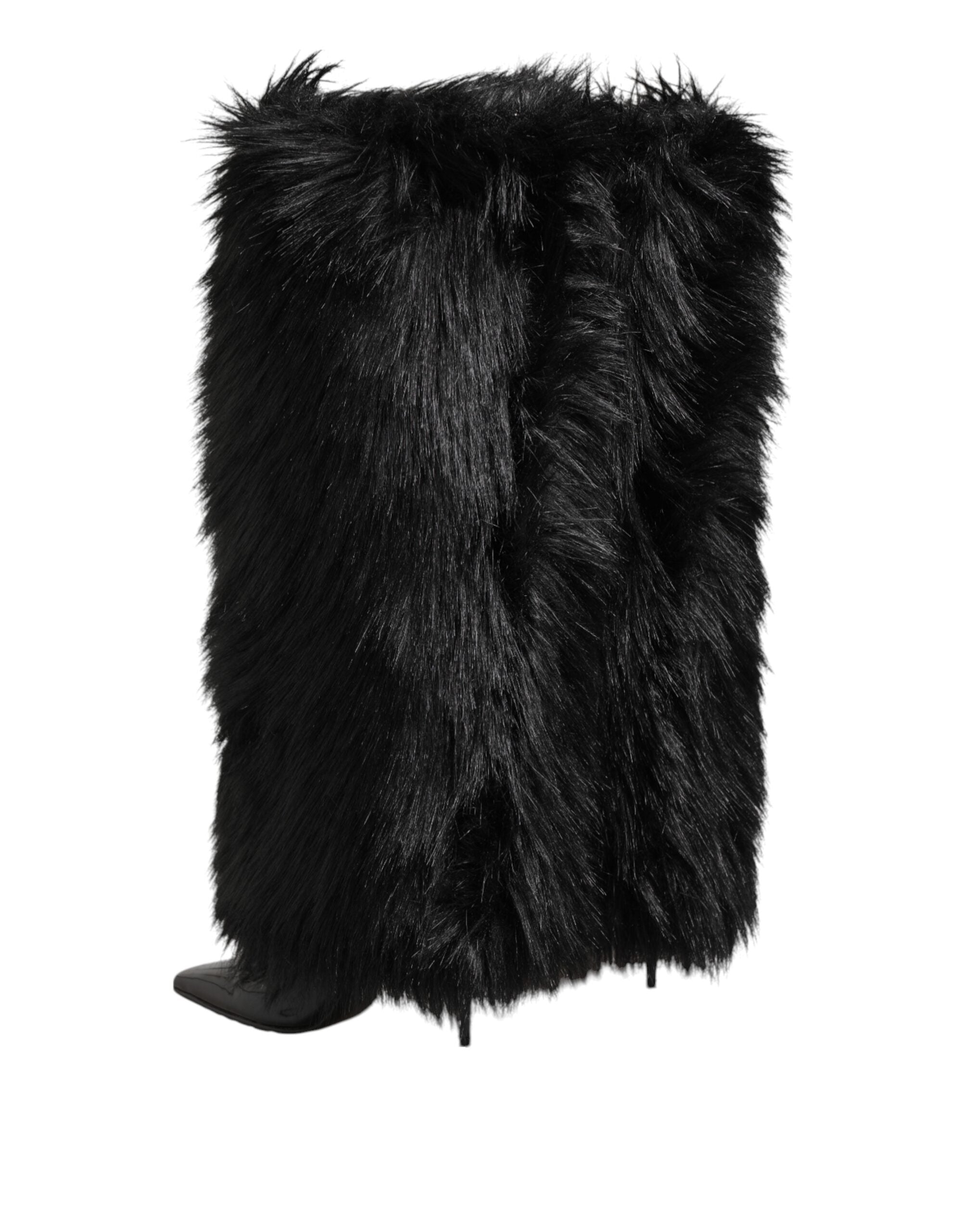 Dolce & Gabbana Black Faux Fur Pointed Knee High Stiletto Boots Shoes