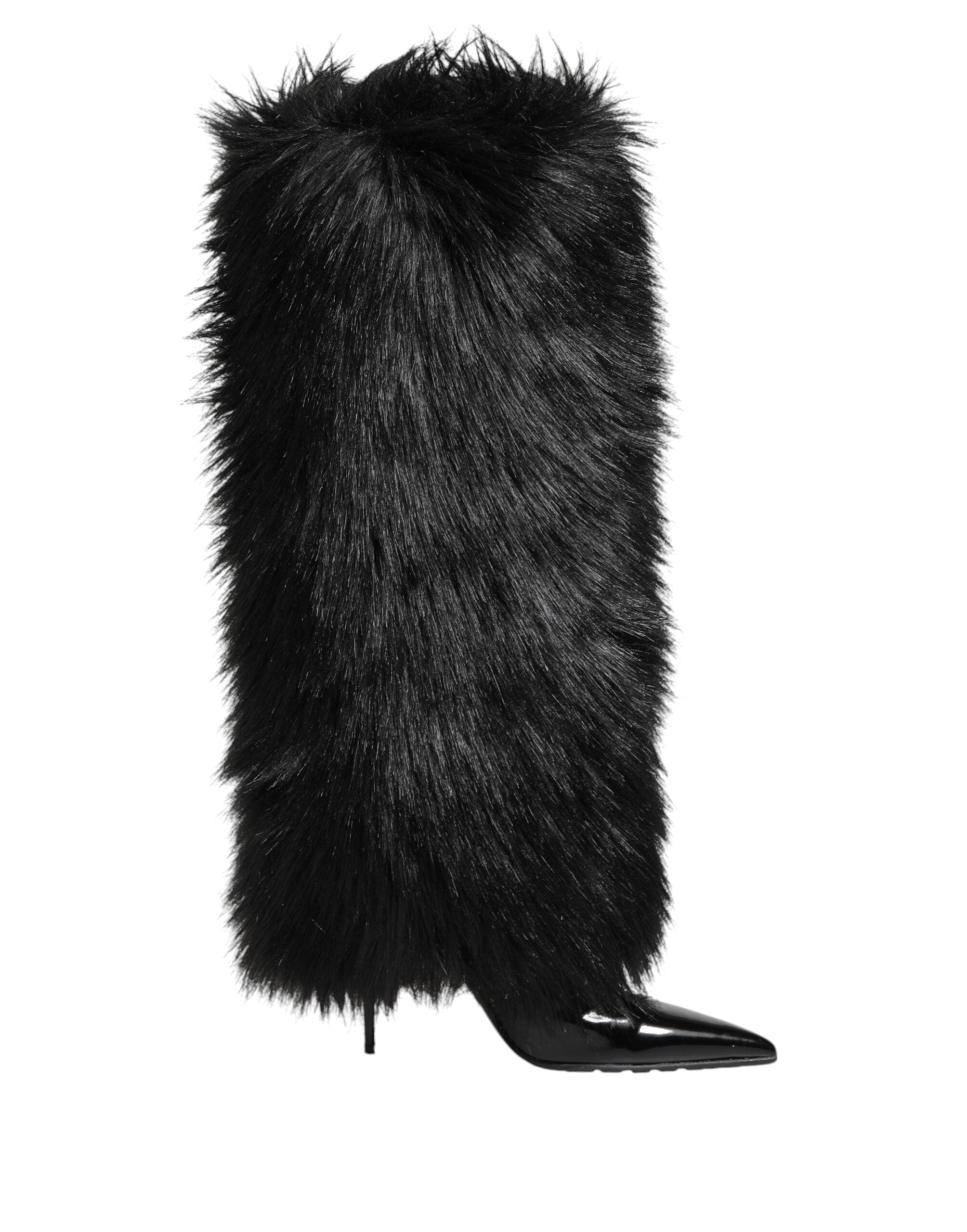 Dolce & Gabbana Black Faux Fur Pointed Knee High Stiletto Boots Shoes