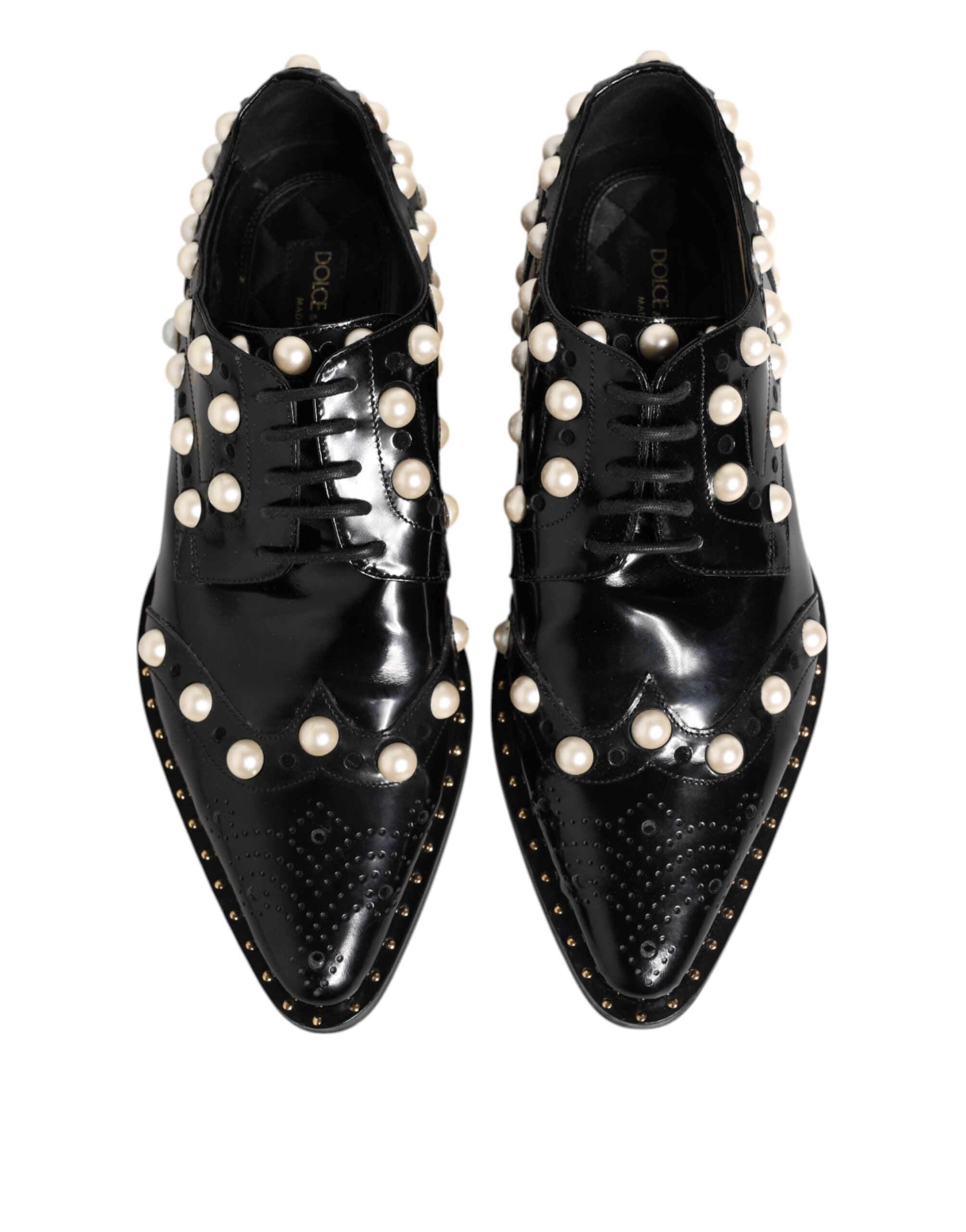 Dolce & Gabbana Black Leather Faux Pearl Dress Broque Shoes