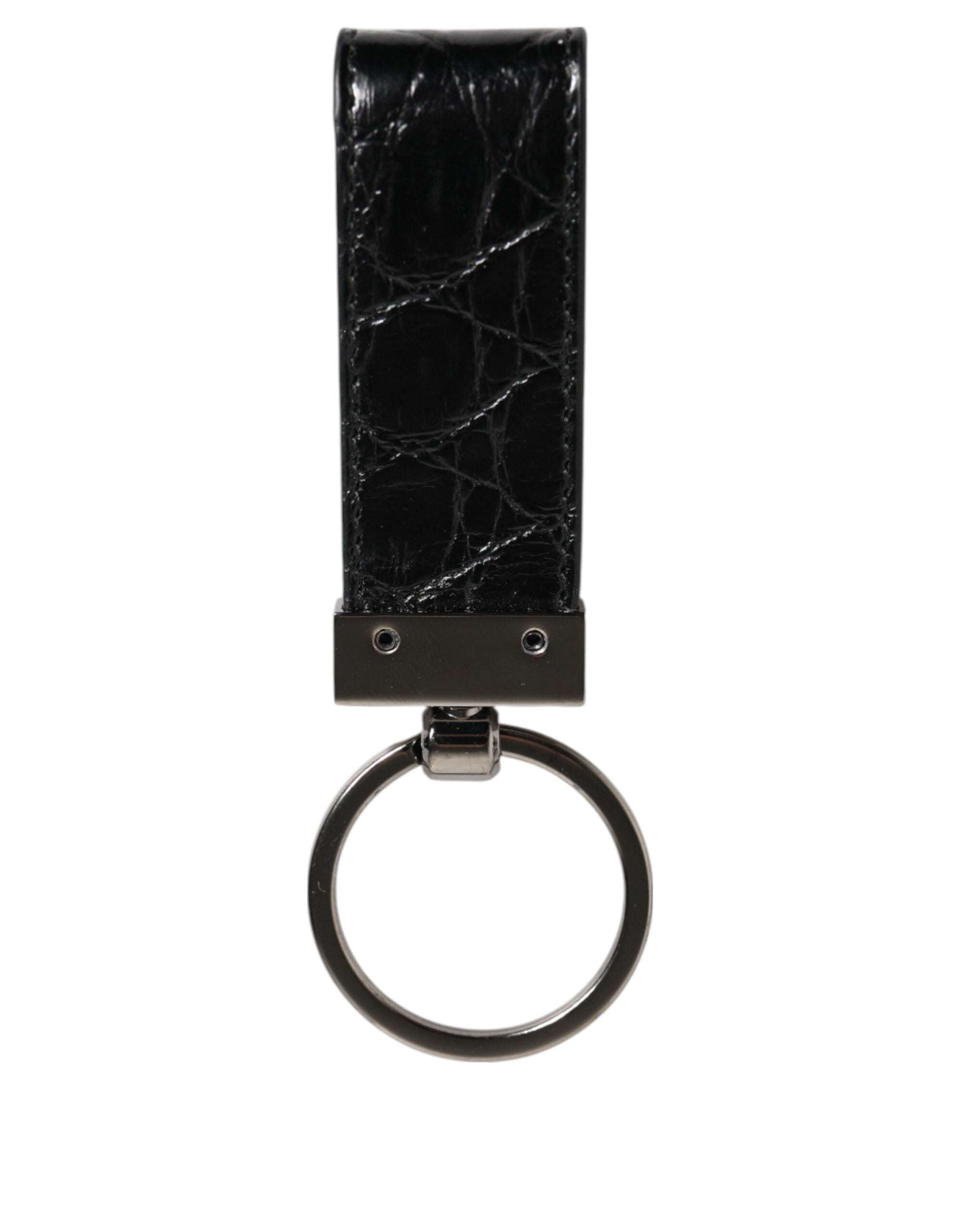 Dolce & Gabbana Black Leather Logo Metal Ring Keychain Holder Men Keyring