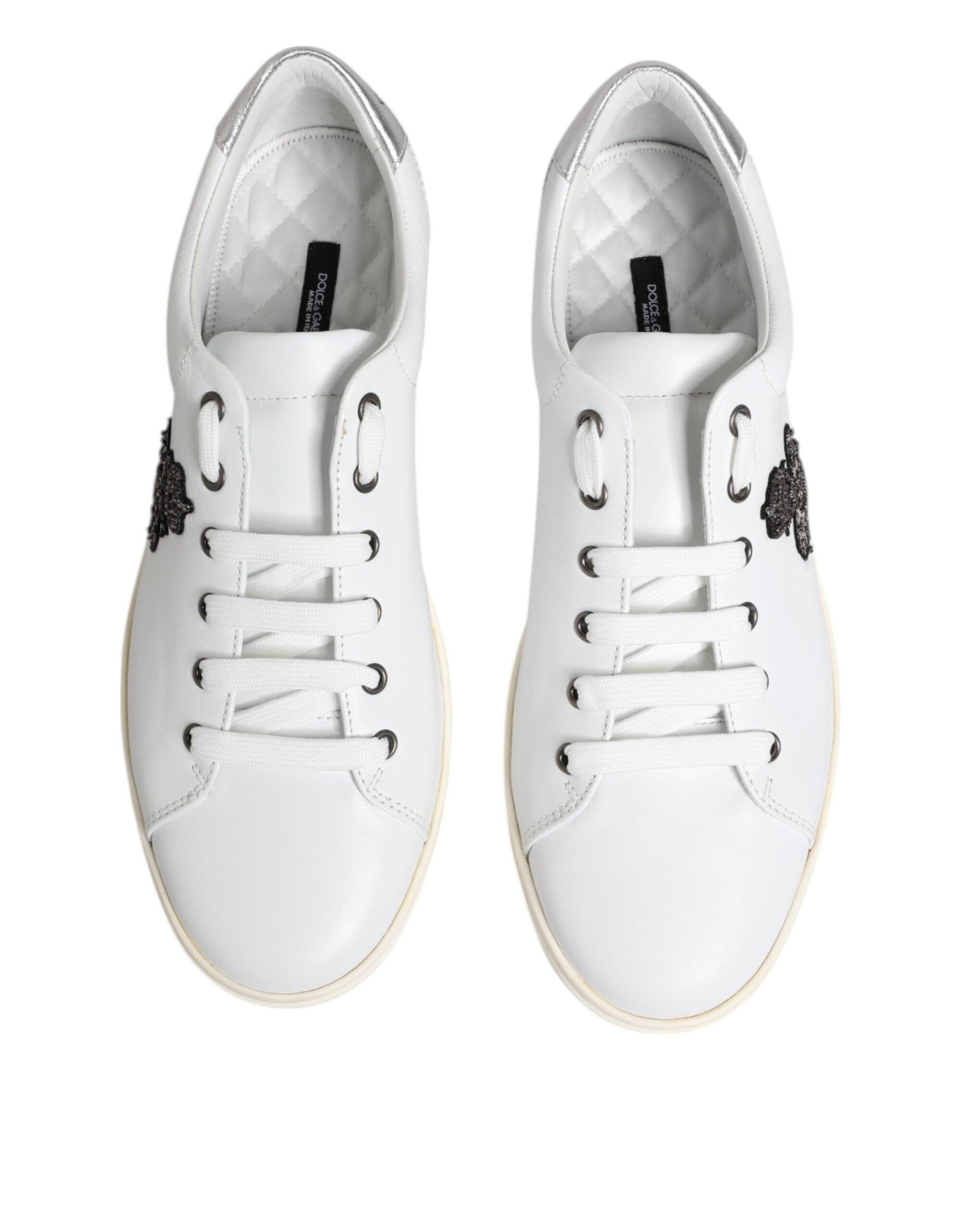 Dolce & Gabbana White Crown Bee Leather Low Top Sneakers Shoes