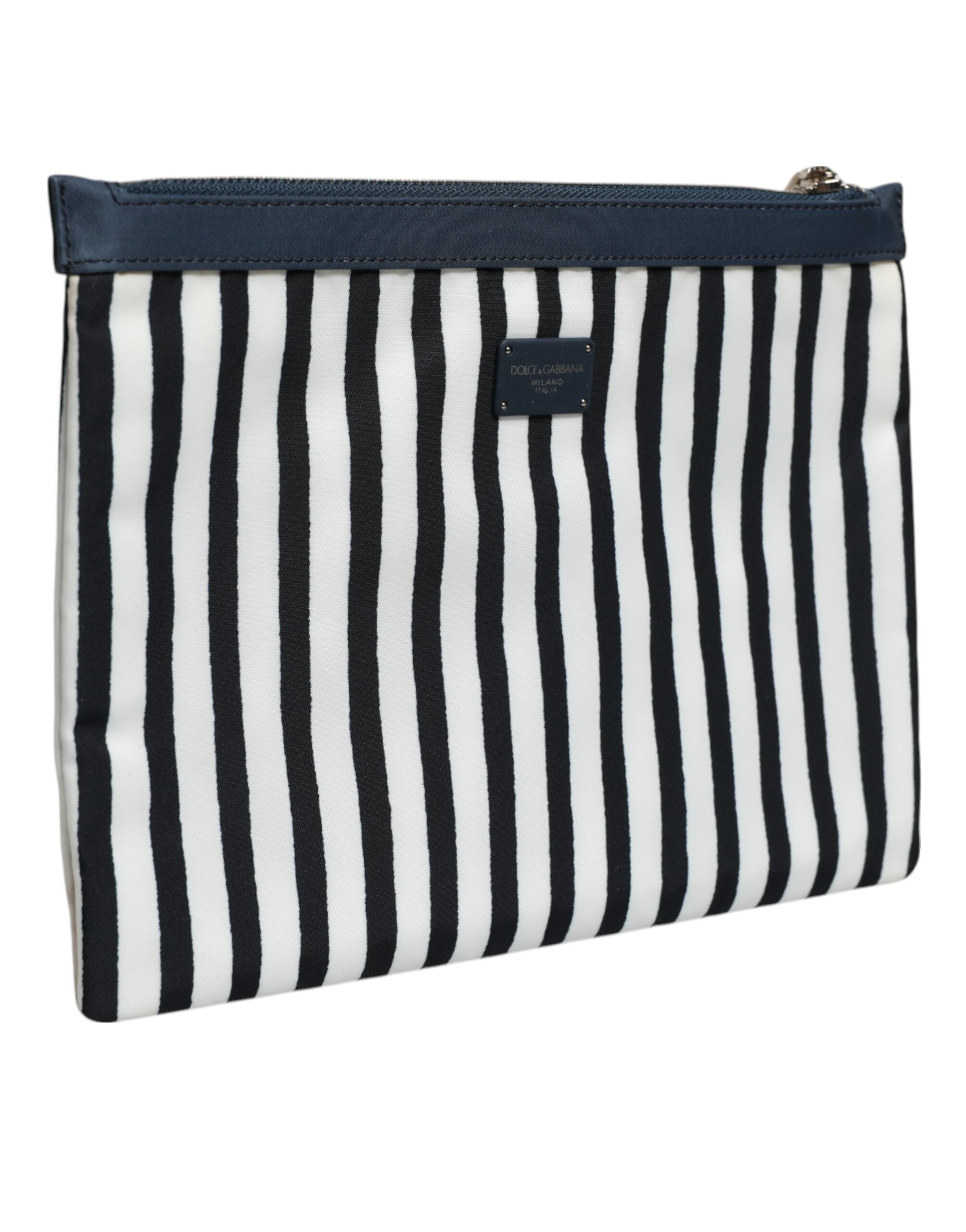 Dolce & Gabbana Black White Striped Logo Plaque Clutch Borse Pouch Bag