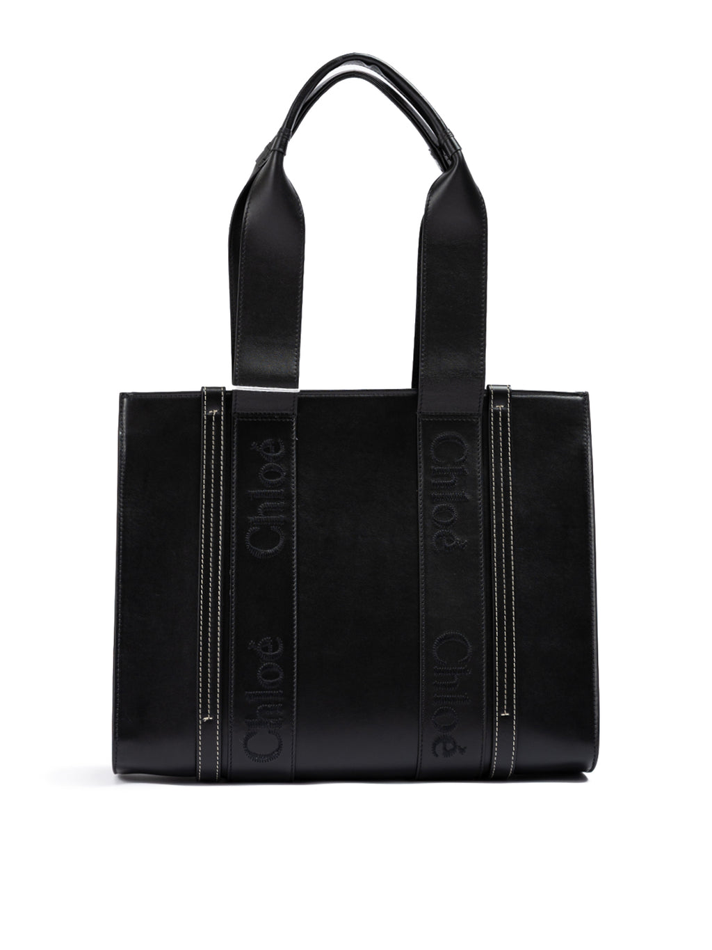 Chloé Black Woody Embroidered Logo Leather Medium Tote Bag